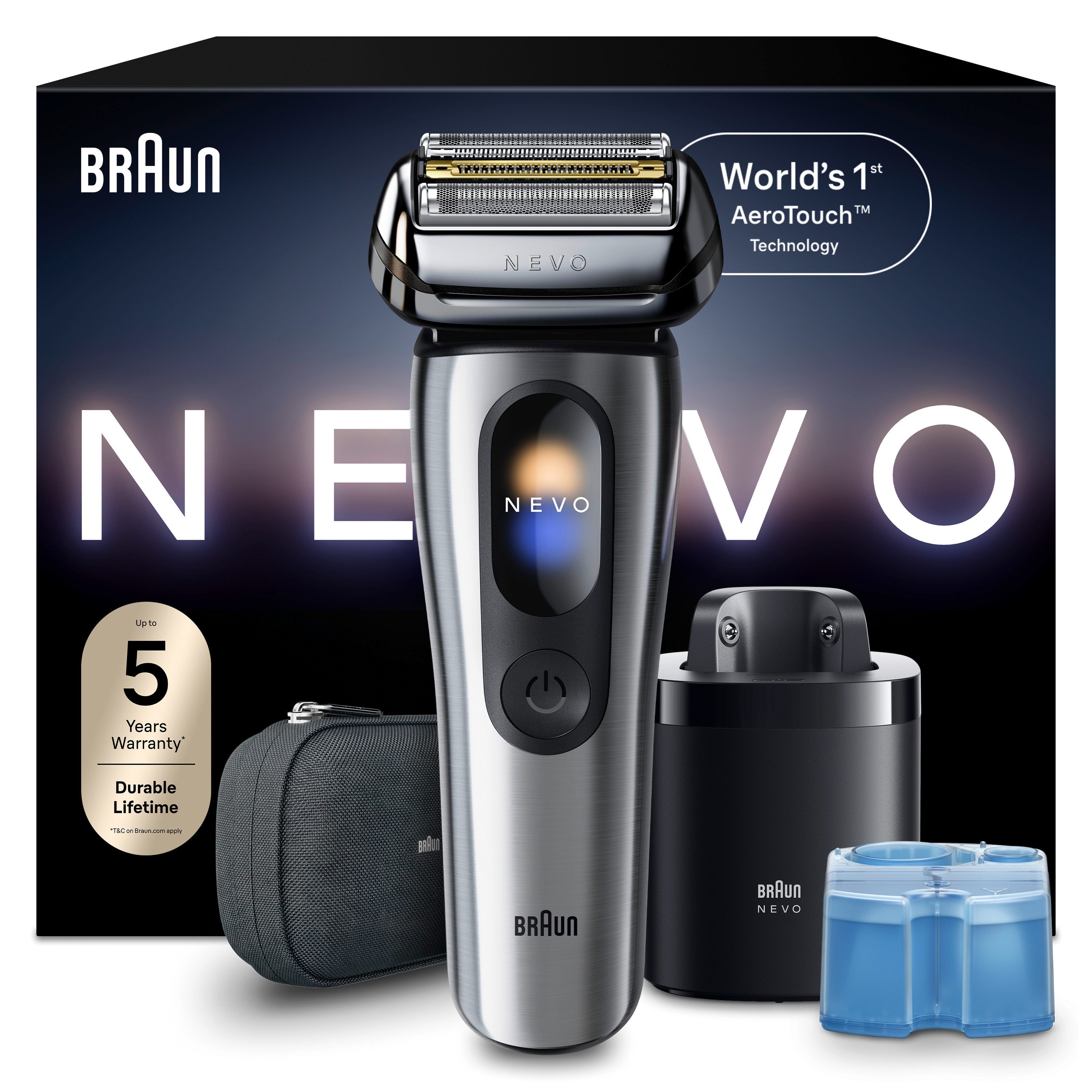 Braun Elektrorasierer NEVO 11000cc, SmartClean-Plus-Reinigungsstation, integrierter Präzisionstrimmer, AeroTouch, Smart Display, 7-in-1 Care System, Reiseetui, Silber
