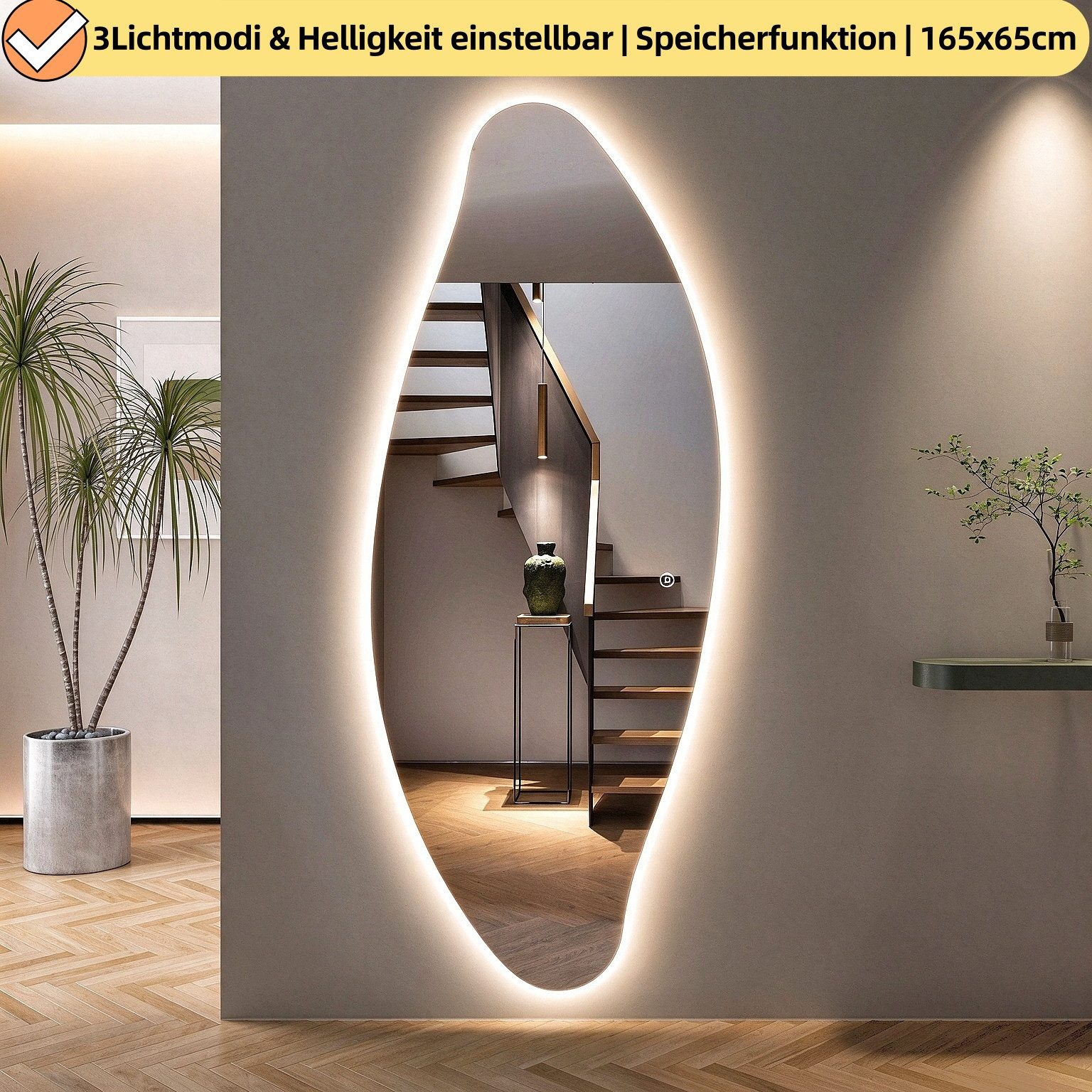 WDWRITTI Ganzkörperspiegel Rahmenlos LED Wandspiegel groß asymmetrisch Dekospiegel (Flurspiegel mit 3Lichtfarben, Helligkeit dimmbar, Speicherfunktion, 1-St., Blütenblattform, 165x65cm), 2 Montagerichtungen, mit Netzstecker