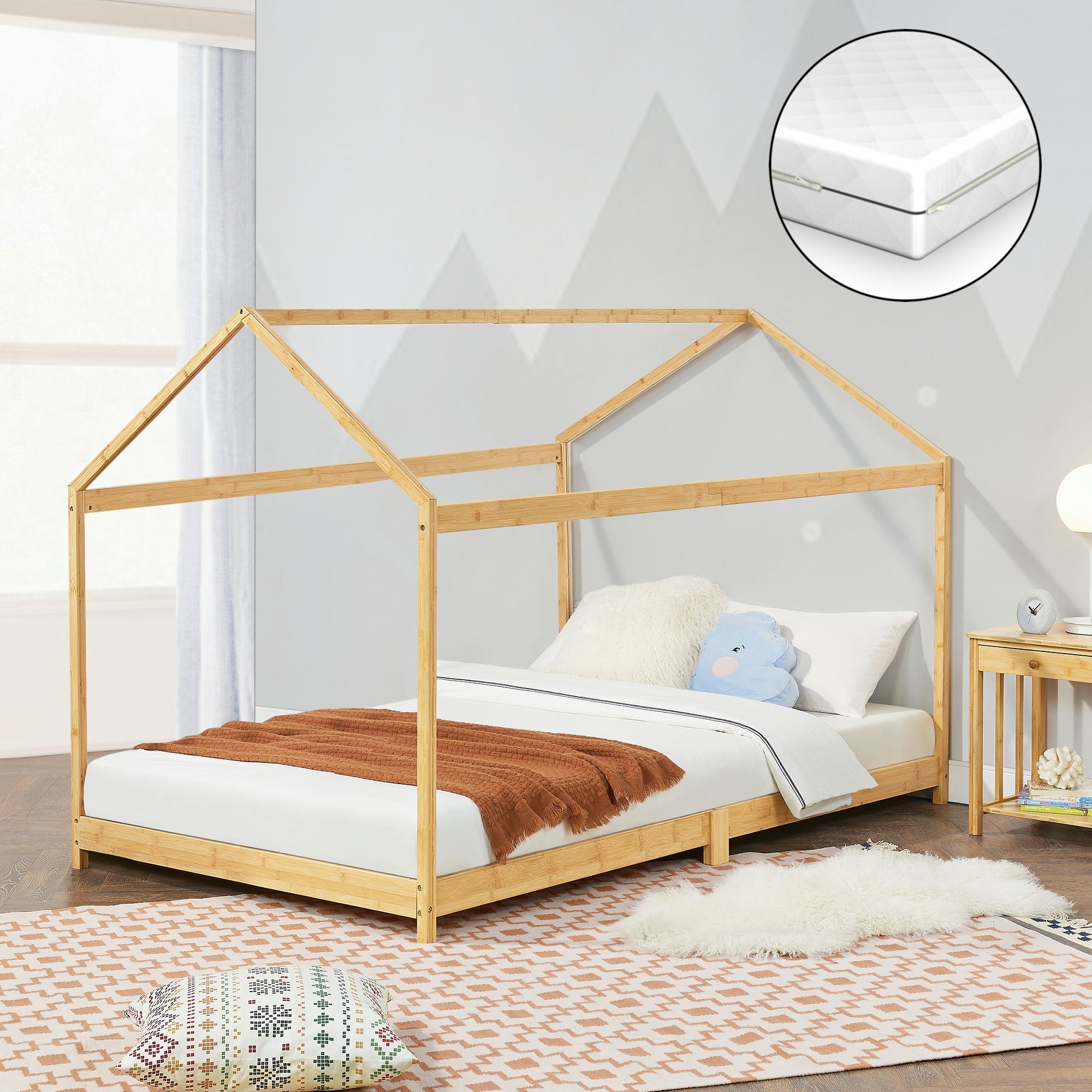 en.casa Kinderbett (2-tlg., Bett und Matratze), »Vindafjord« Haus-Optik  Bambus 70x140cm mit Matratze