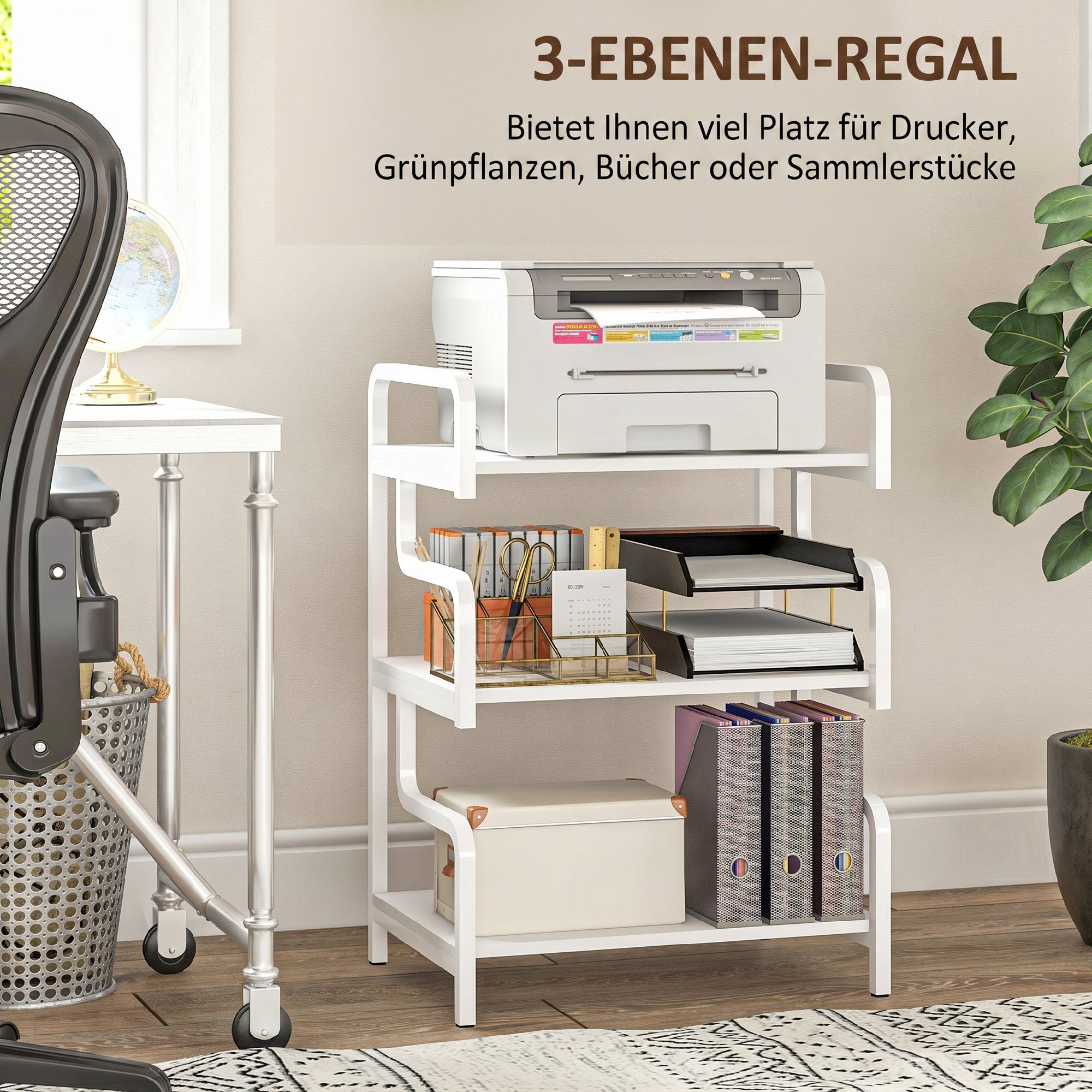 HOMCOM Regaleinsatz Druckertisch mit Stauraum (Set, 1 St., 1-tlg), 3 Ebenen, verstellbare Füße, Stahlrahmen – Bild 4 von 5