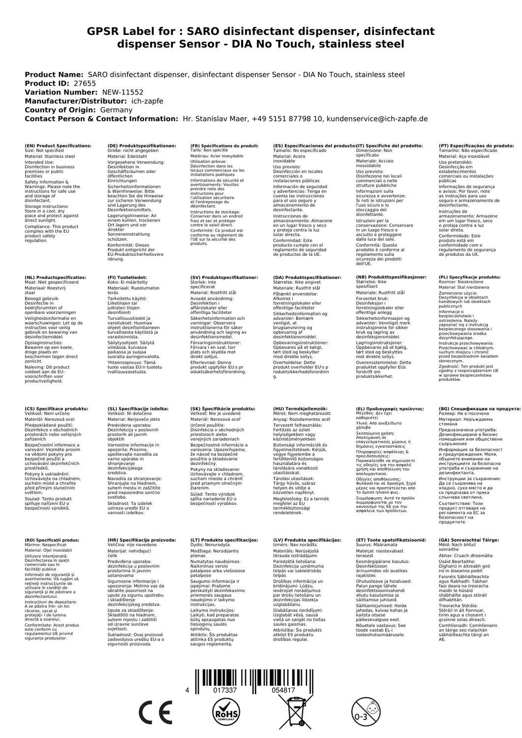 Saro Desinfektionsmittelspender Desinfektionsmittelspender - DIA No Touch, edelstahl
