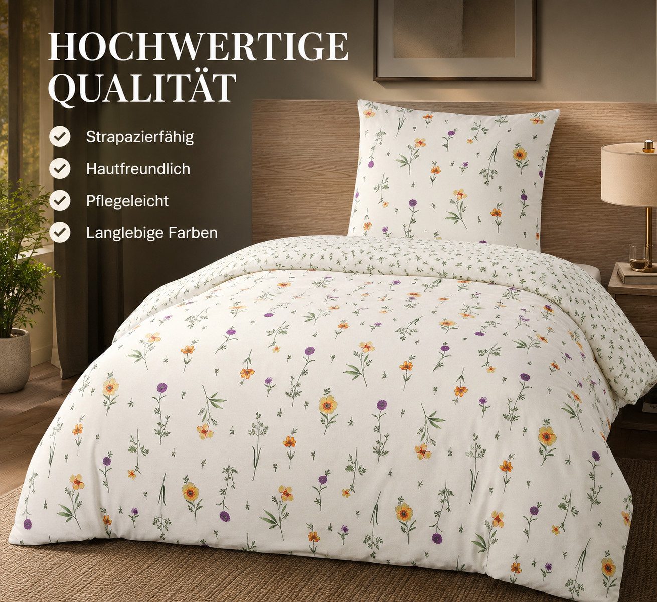 Leonado Vicenti Wendebettwäsche 155x200 Bezug 80x80 Kissen Set Hochwertige Polycotton Beige Blumen, Renforcé, 2 teilig, mit verdecktem Reißverschluss, Wendebettwäsche