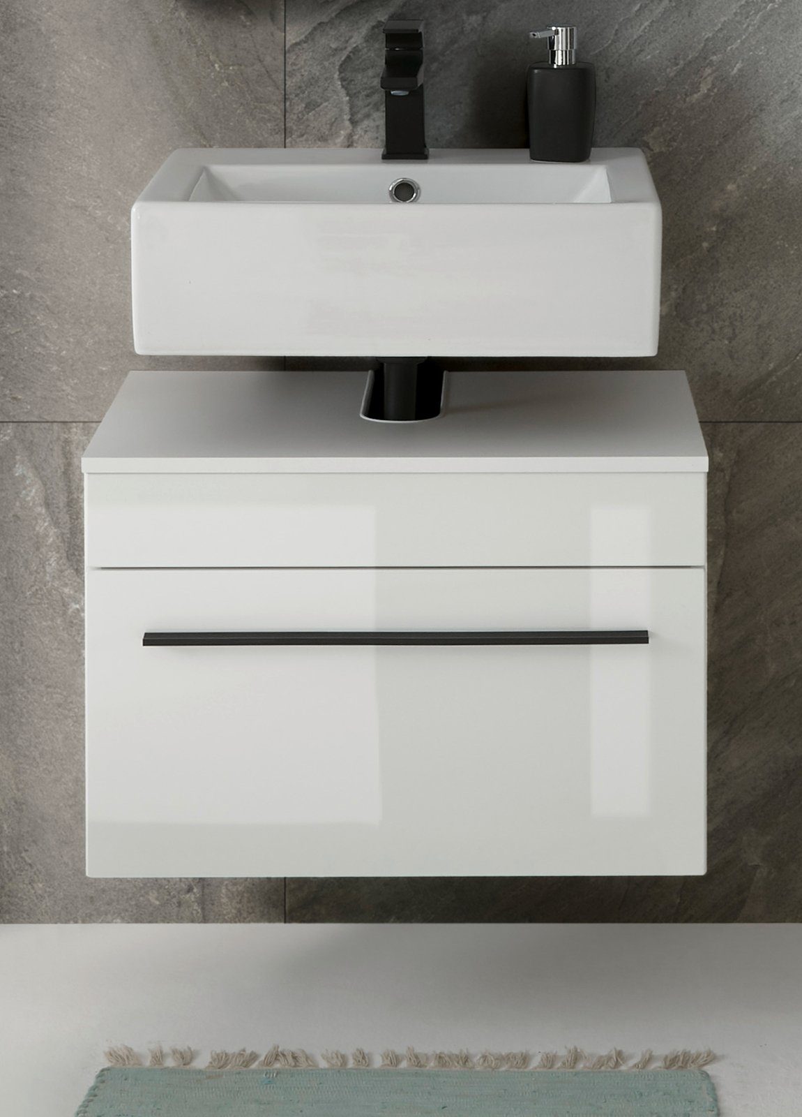 IMV cm) 60 großem Hochglanz, Breite weiß Waschbeckenunterschrank (Hängeschrank Design-D in mit Stauraumfach