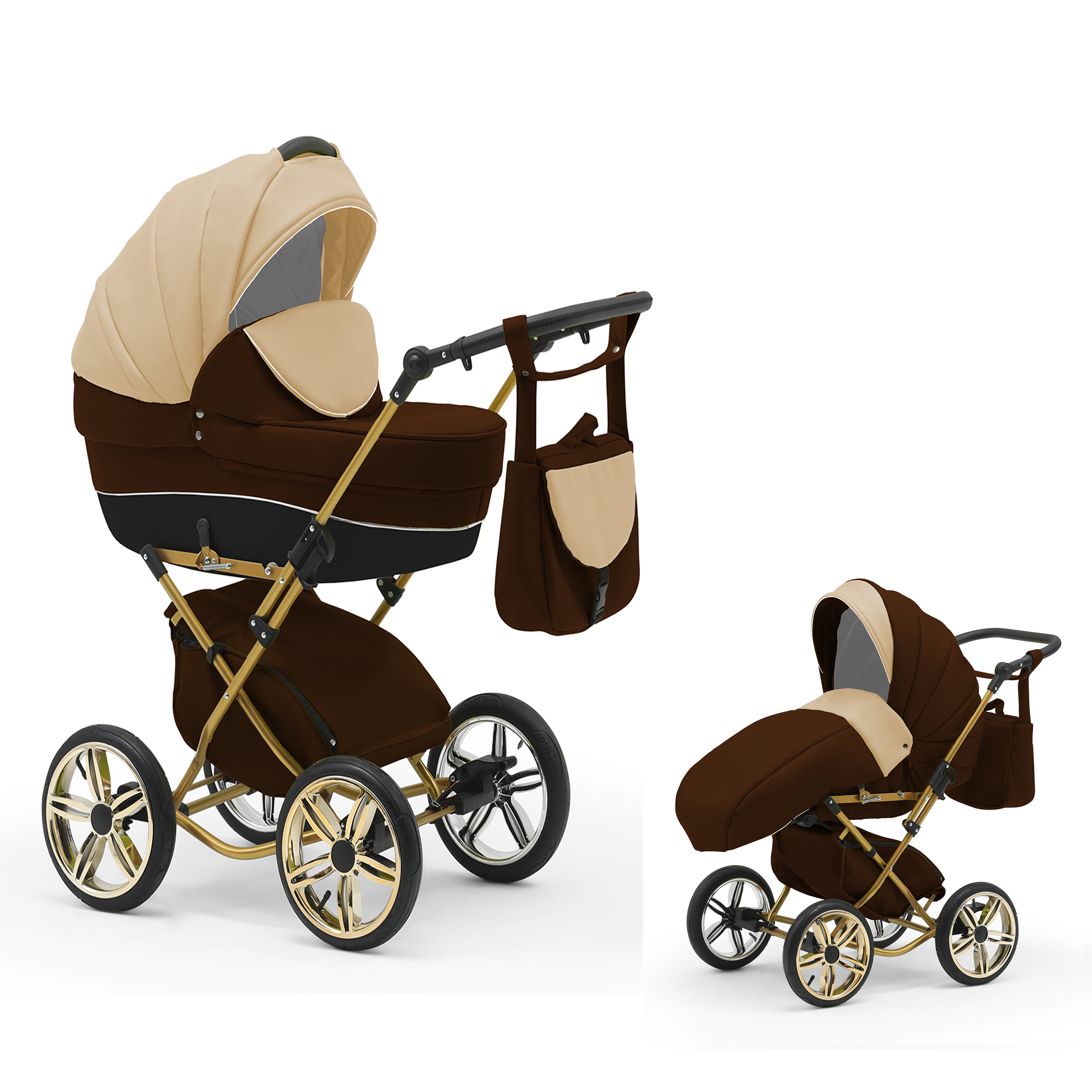 babies-on-wheels Kombi-Kinderwagen Sorento 2 in 1 - 11 Teile - von Geburt bis 4 Jahre in 30 Designs Beige-Braun-Schwarz