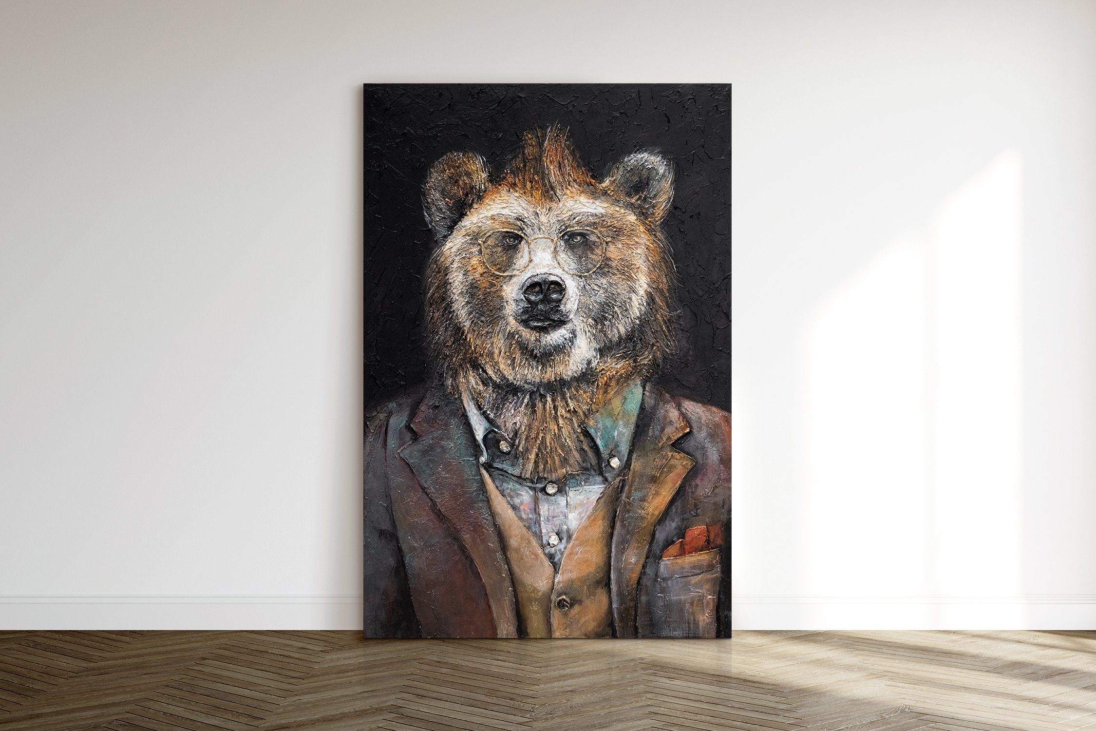 Bär Tiere, Gemälde Leinwand Bild YS-Art Tier Handgemalt mit Stärke, Anzug