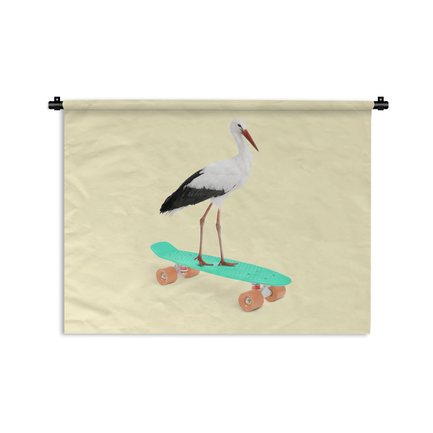 MuchoWow Wanddekoobjekt Storch - Tiere - Skateboard - Gelb, Wanddeko für Wohnzimmer, Schlafzimmer, Kleid, Wandbehang, Kinderzimmer