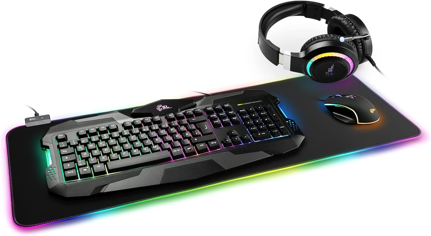 CSL RGB Strike Hintergrundbeleuchtung Tastatur- und Maus-Set, 4in1 Gaming Set, QWERTZ-Tastenlayout 19 Tasten Anti-Ghosting