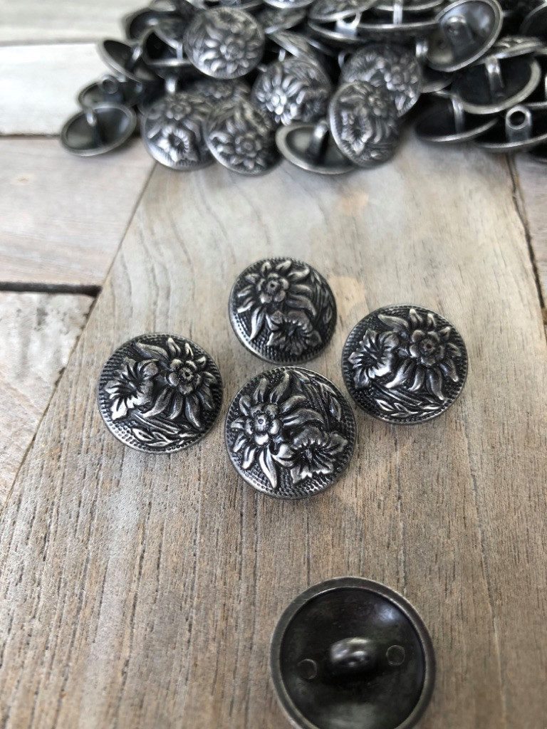 Hartmann-Knöpfe Knopf 10 Stück Metallknöpfe mit Edelweiß und Enzian Tracht 18mm silber antik