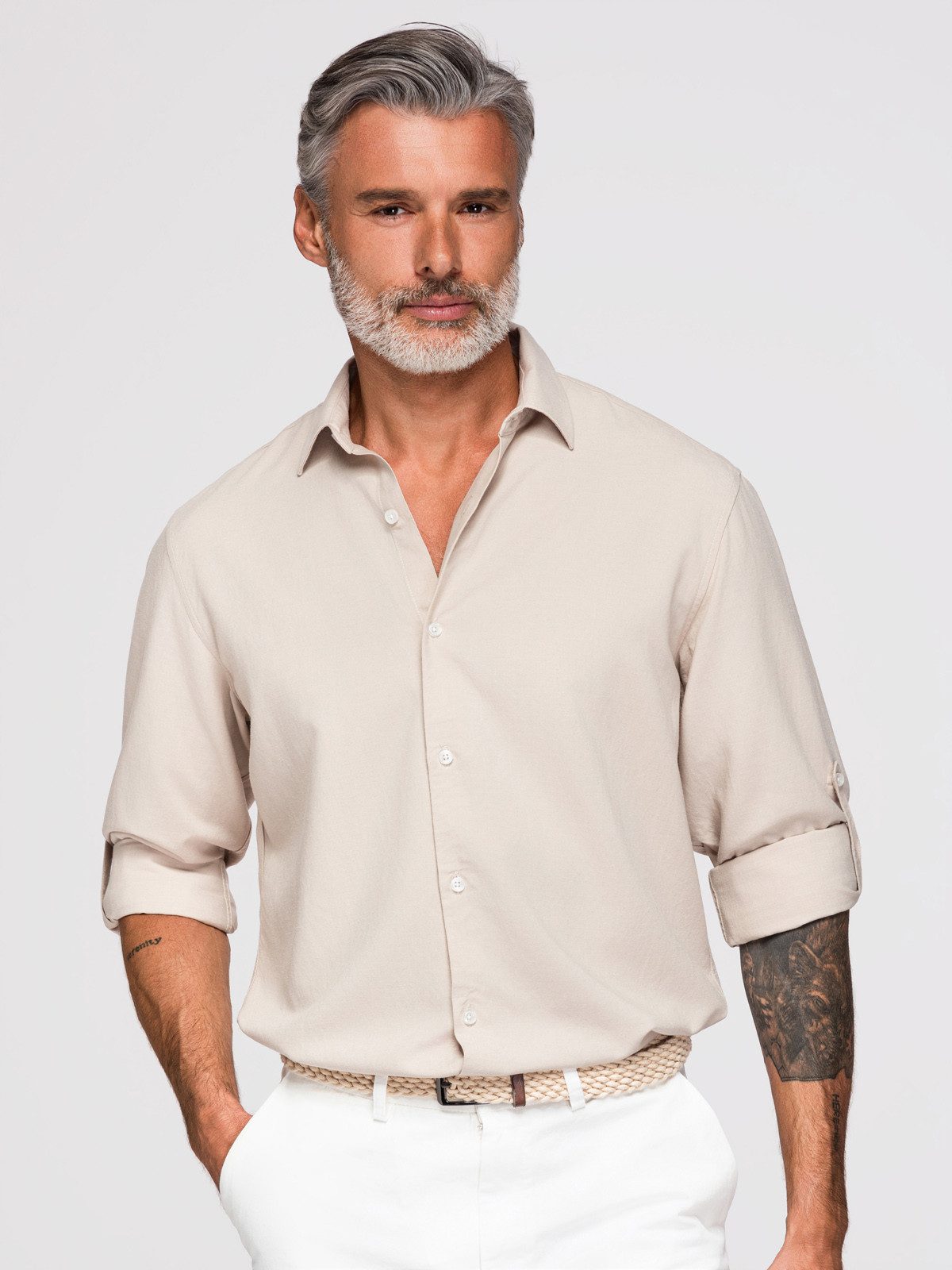 OMBRE Langarmhemd Herren Freizeithemd mit klassischem Kragen Hellgrau S (kein Set, 1-tlg)