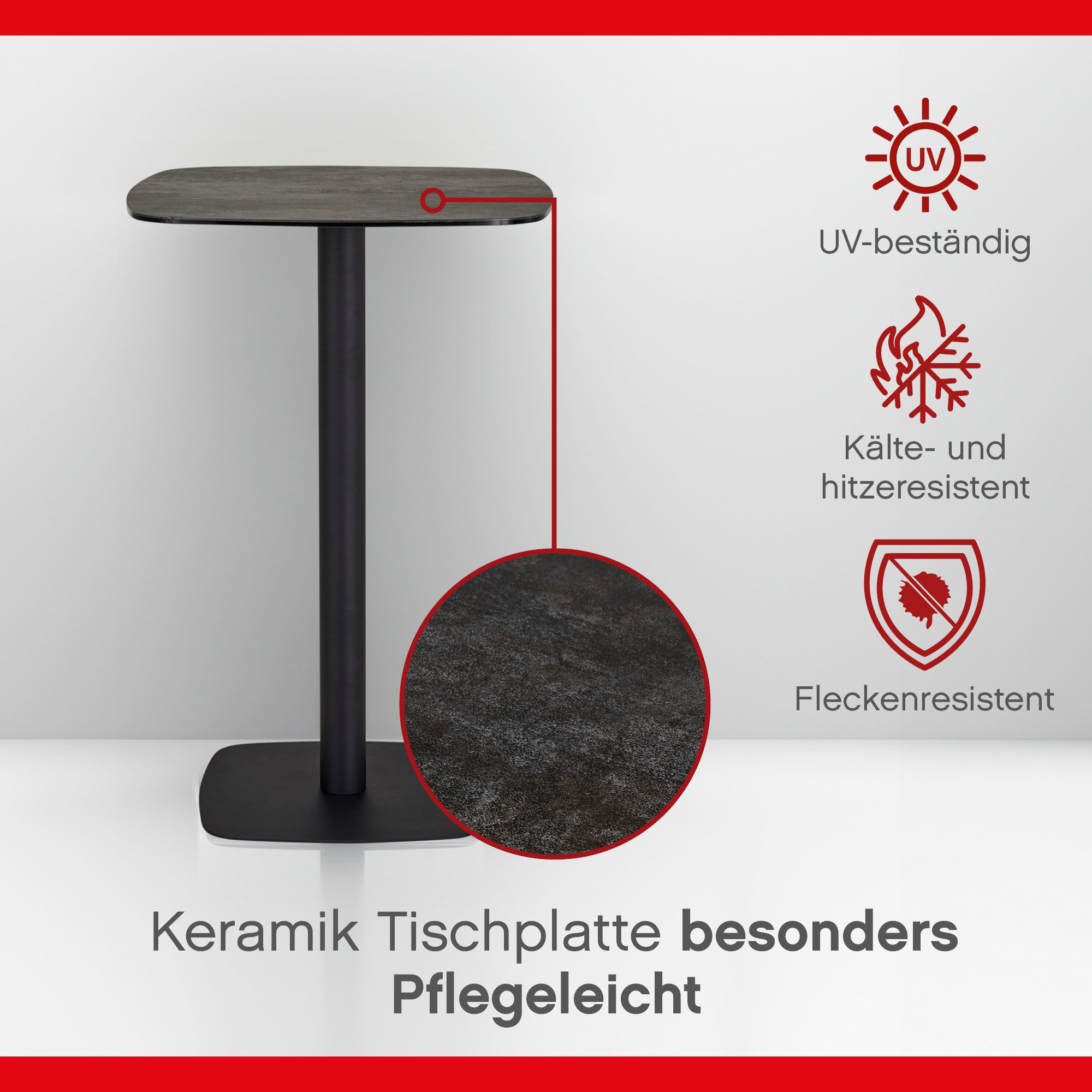 KHG Bartisch Quadratisch, Säulengestell, 70x70x105 cm, bis 30 kg belastbar, Keramik Tischplatte, UV Beständig, Kälte-, Hitze- und Fleckenresistent