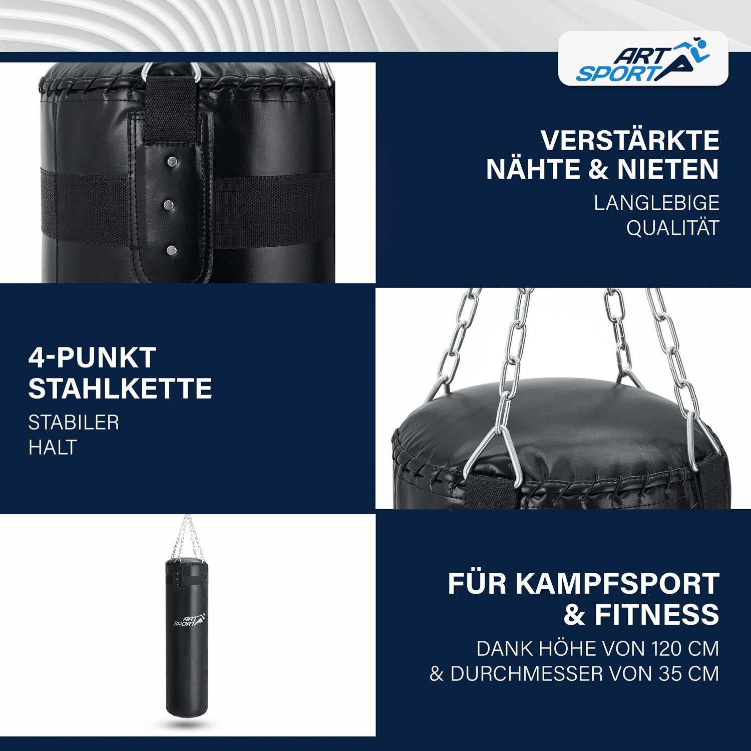 ArtSport Boxsack 30 kg, hängend 110 cm mit 4-Punkt-Stahlkette & Karabinerhaken für Erwachsene