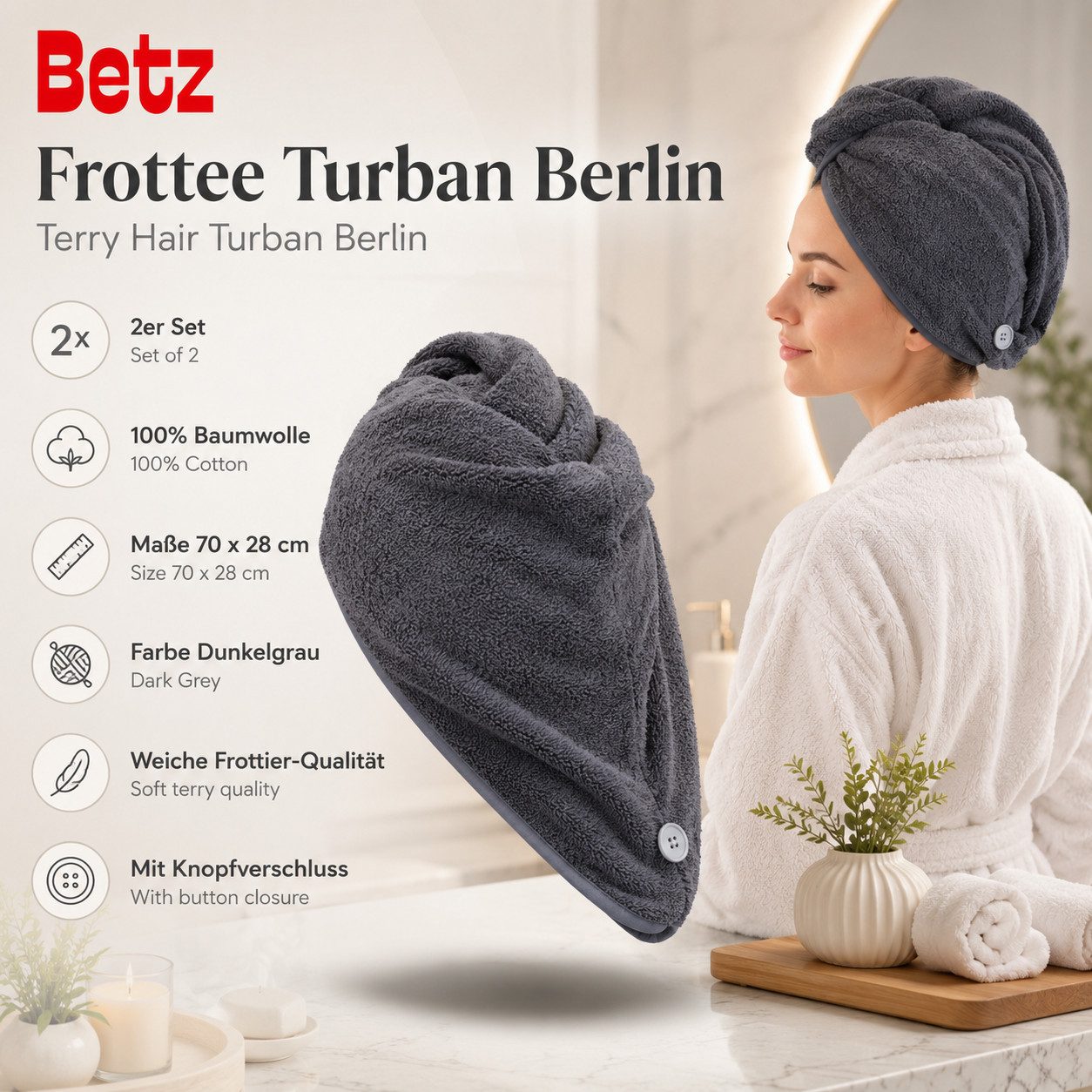 Betz Turban-Handtuch mit Knopf BERLIN Kopfhandtuch Haarturban, (2-St), mit Knopfverschluss – Bild 2 von 5