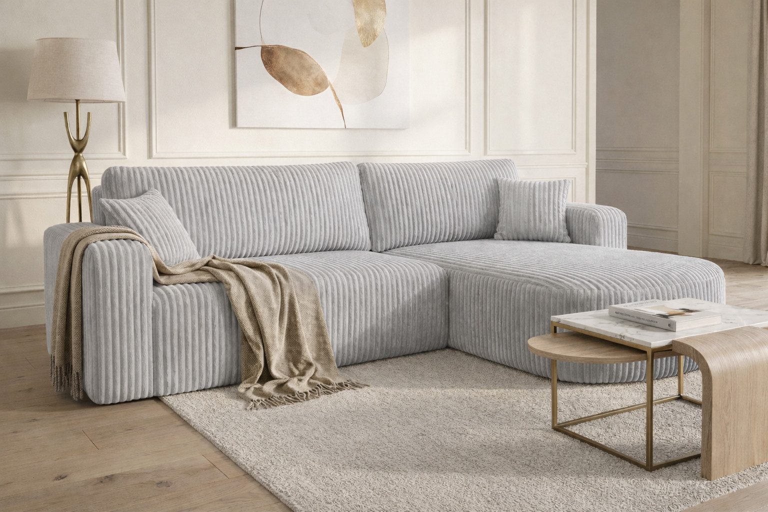 Kaiser Möbel Ecksofa mit Schlaffunktion für Wohnzimmer, Cordstoff Tilia, ROUND ONE XL, XL-Format, abgerundete Form, Liegefunktion, Stauraum