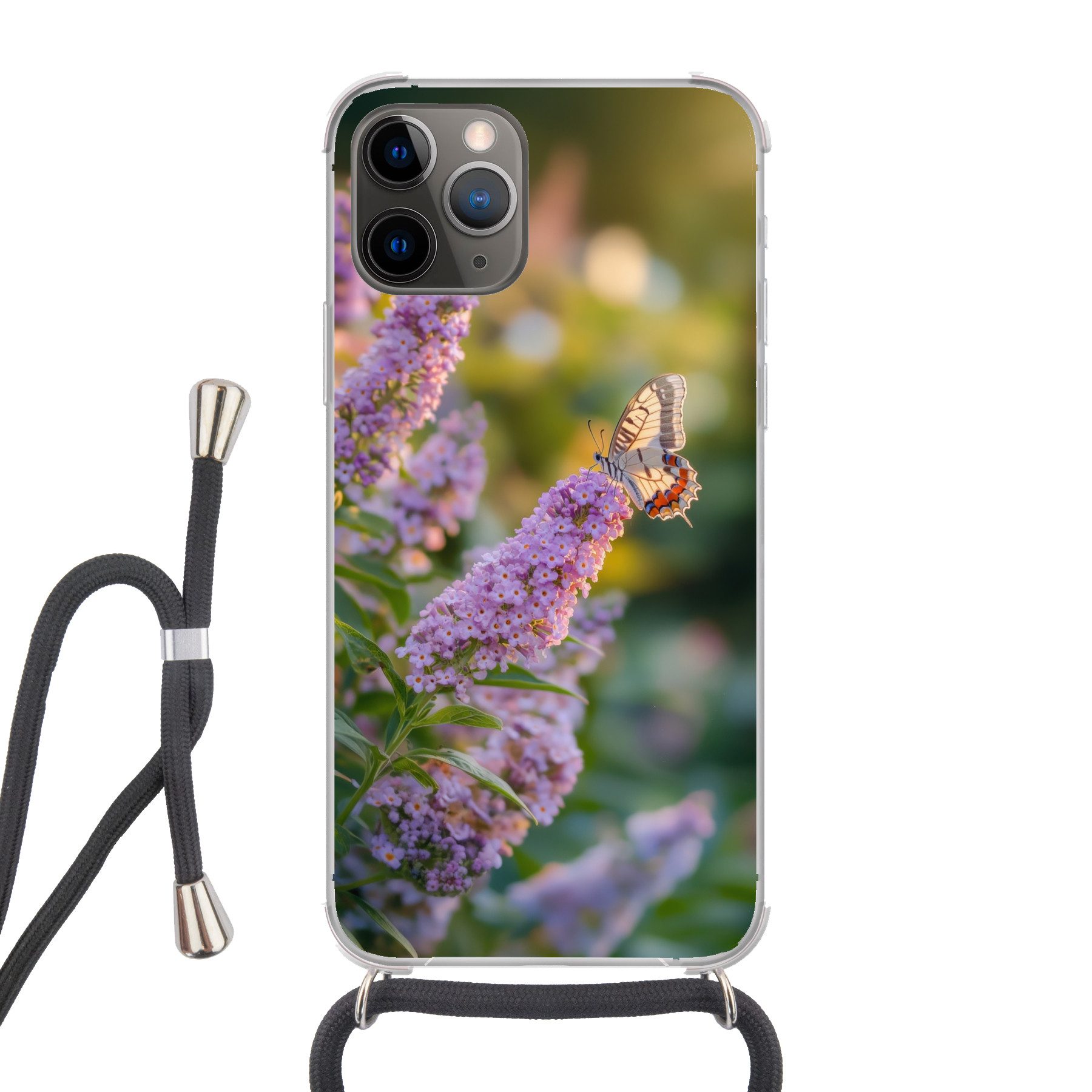 MuchoWow Handyhülle für Apple iPhone 13 Pro Max Verschnörkelt - Schmetterling - Lila - Blu, Tragbare Handyhüllen mit Kette zum umhängen, Handykette Handyband