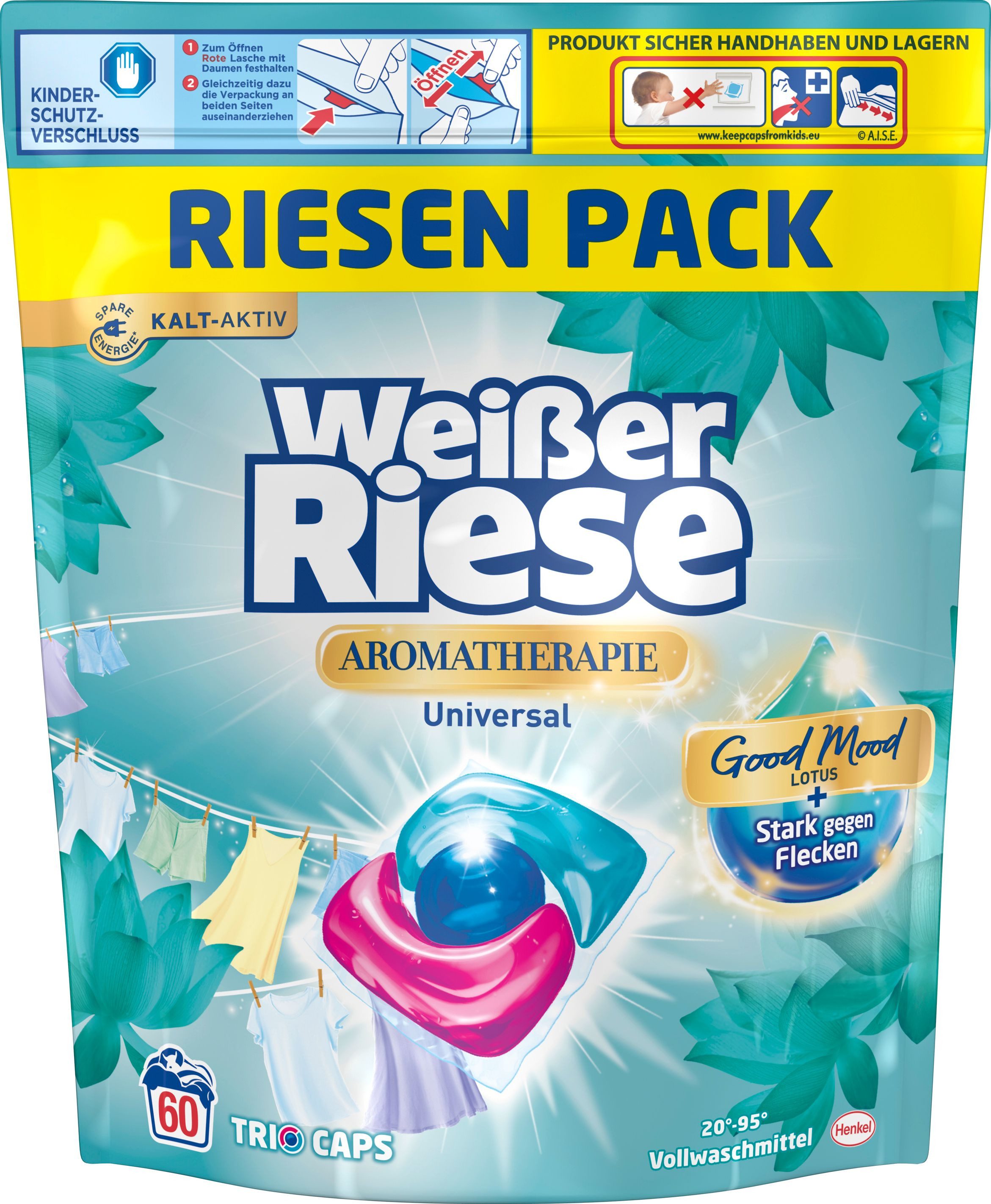 Weißer Riese Universal Trio-Caps & WC FRISCH Spa Momente Harmonie Vollwaschmittel (Set, [120-St. 1x 120 WL + 1x 50g Waschmittel und Toilettenstein)