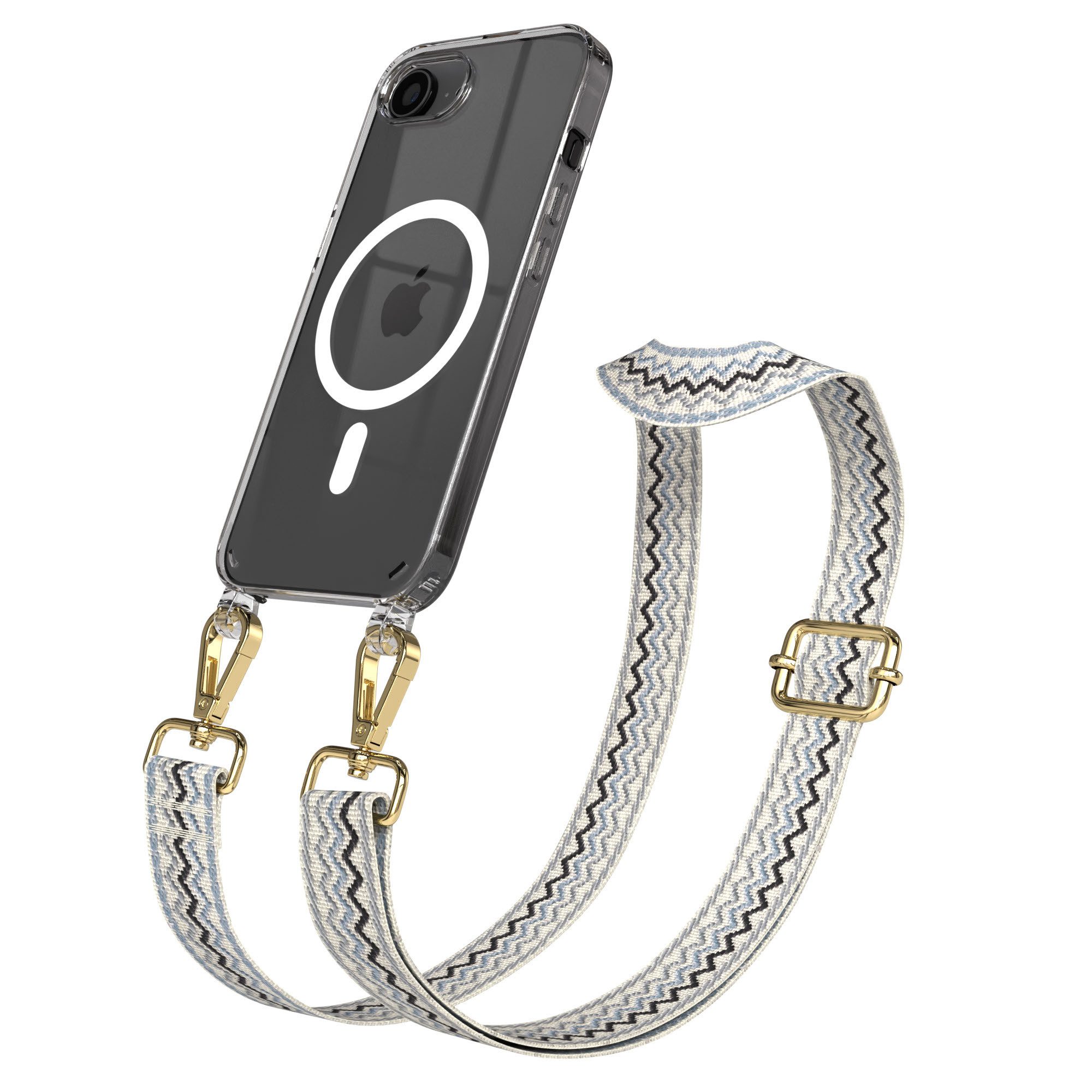 EAZY CASE Handykette Umhängeband MagSafe Hülle für Apple iPhone 16e 6,1 Zoll, Body Bag Riemchen Wechselband Wave Ersatzgurt klare Hülle MagSafe Blau