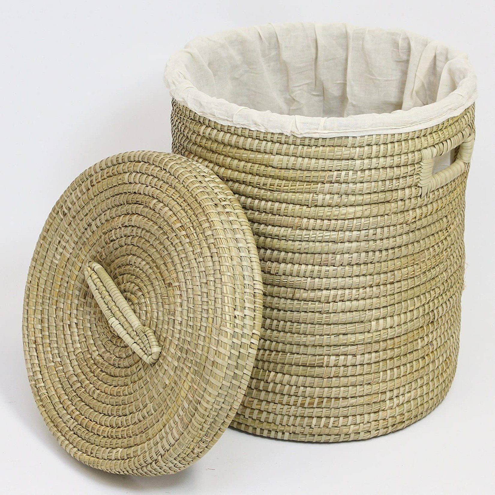 Dekoleidenschaft Wäschekorb aus Seegras mit Deckel, Wäschesammler mit Textileinlage, in 2 Größen, Wäschetonne Wäschebox Aufbewahrungskorb Wäschebehälter Laundry Basket