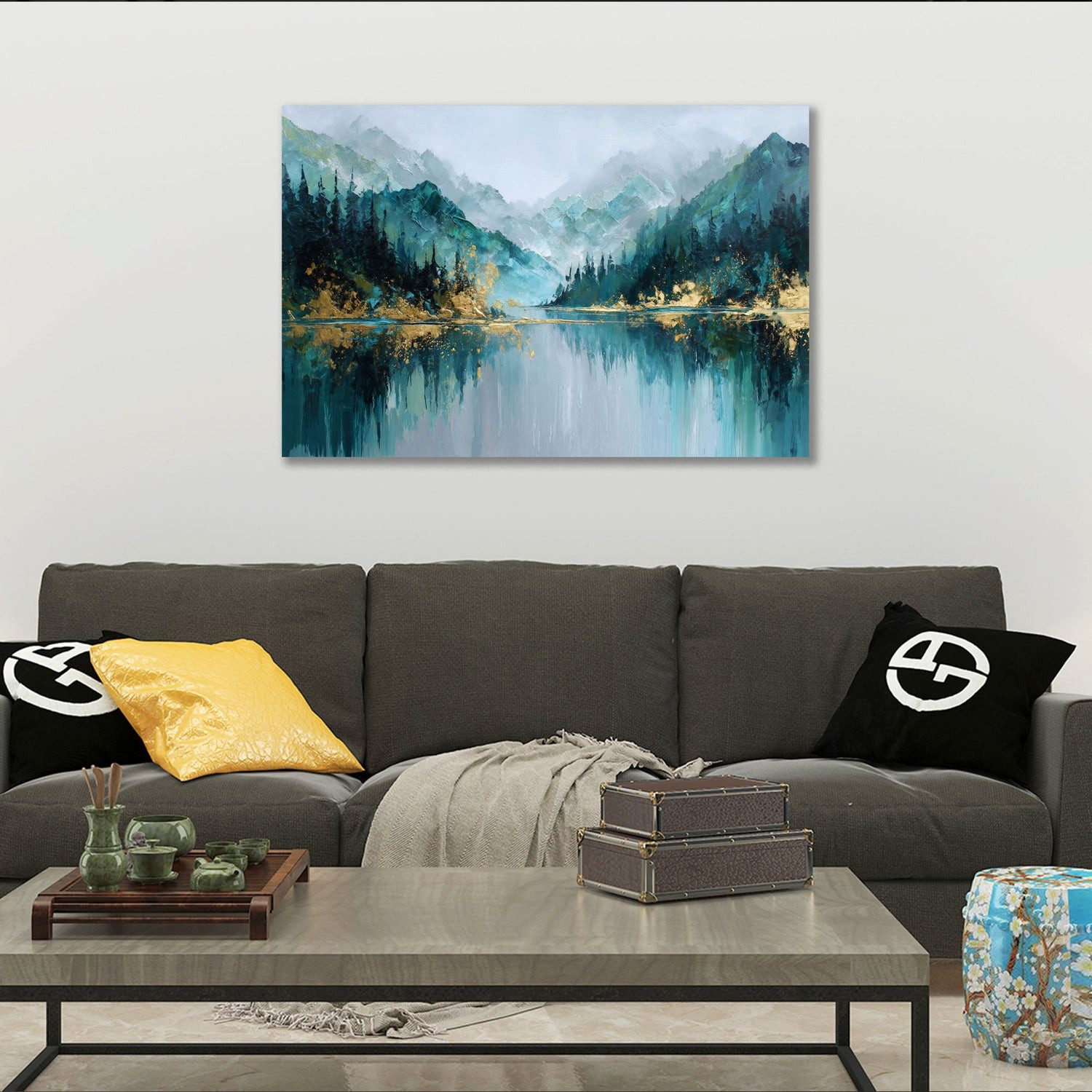 Artedinoi Leinwandbild Berglandschaft See abstrakte Natur Wandbild Leinwandbild Kunstdruck XL, Berglandschaft mit See, abstrakt