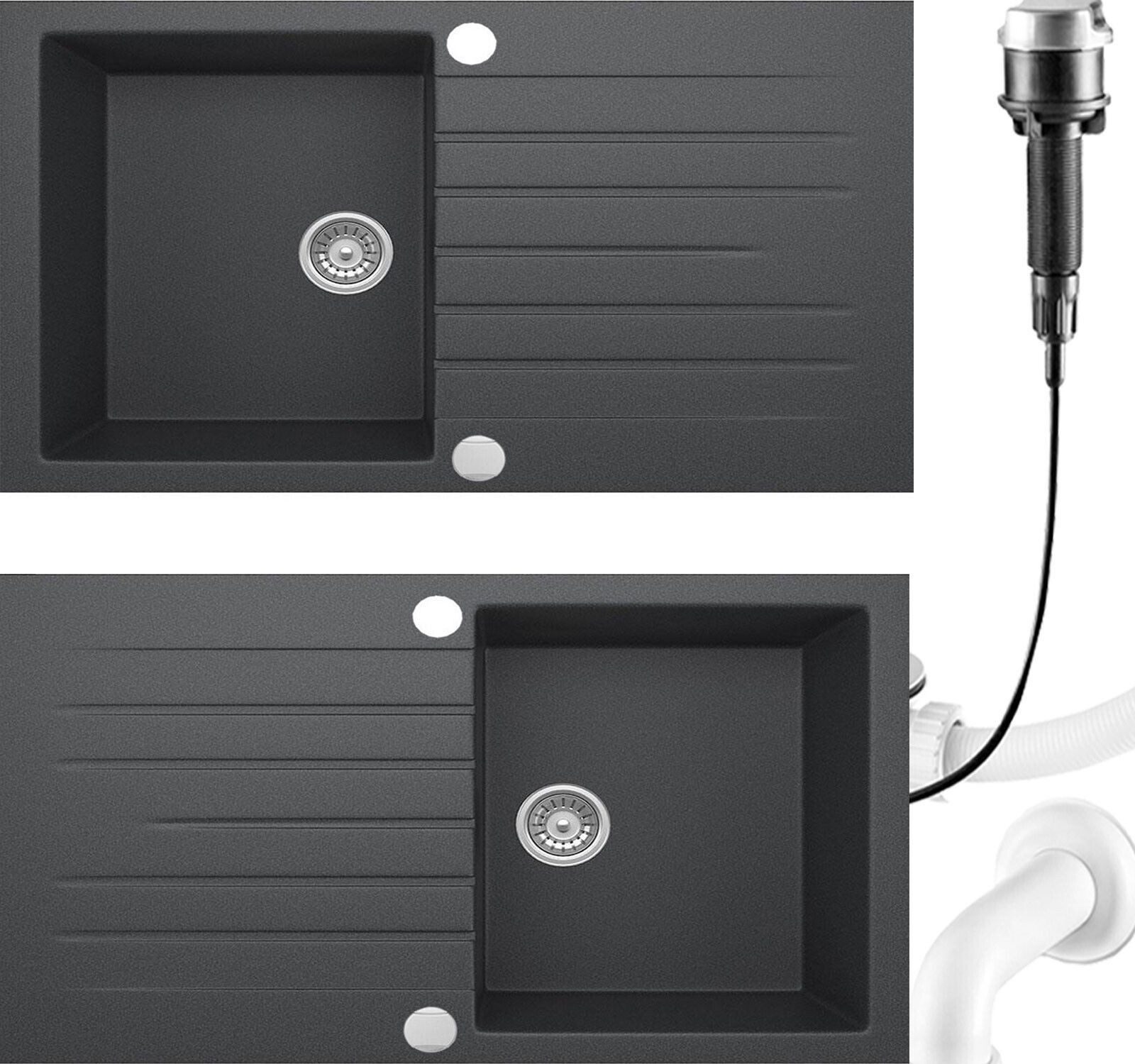 Homeline Granitspüle Bayern Granitspüle Schwarz Küchenspüle Granit Siphon Einbauspüle 76x16, Eckig, 76/44 cm, (Spar-Set, 2 St., Mit Zubehör)