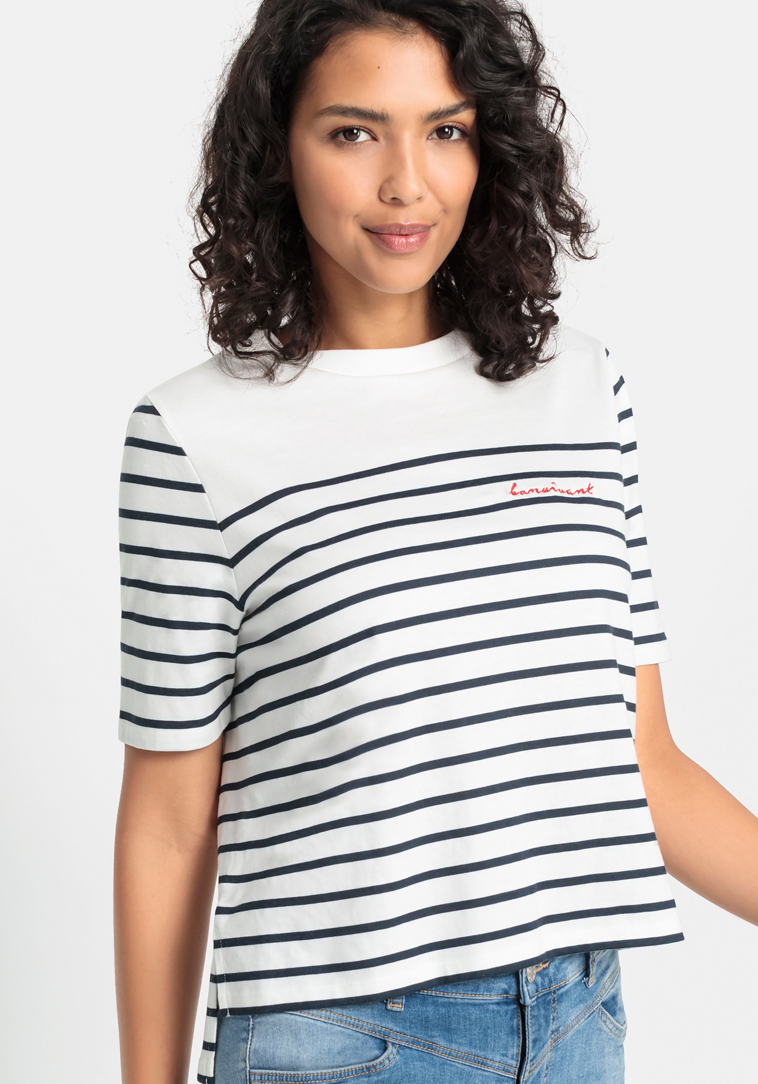LASCANA T-Shirt mit Streifen weiß-marine gestreift