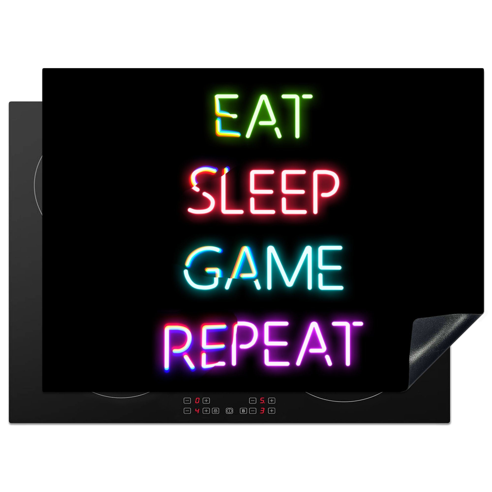 MuchoWow Herdblende-/Abdeckplatte Gaming - Led - Zitat - Eat sleep game repeat - Gaming, Vinyl, (1 tlg), 71x52 cm, Induktionskochfeld Schutz für die küche, Ceranfeldabdeckung | Herdabdeckplatten