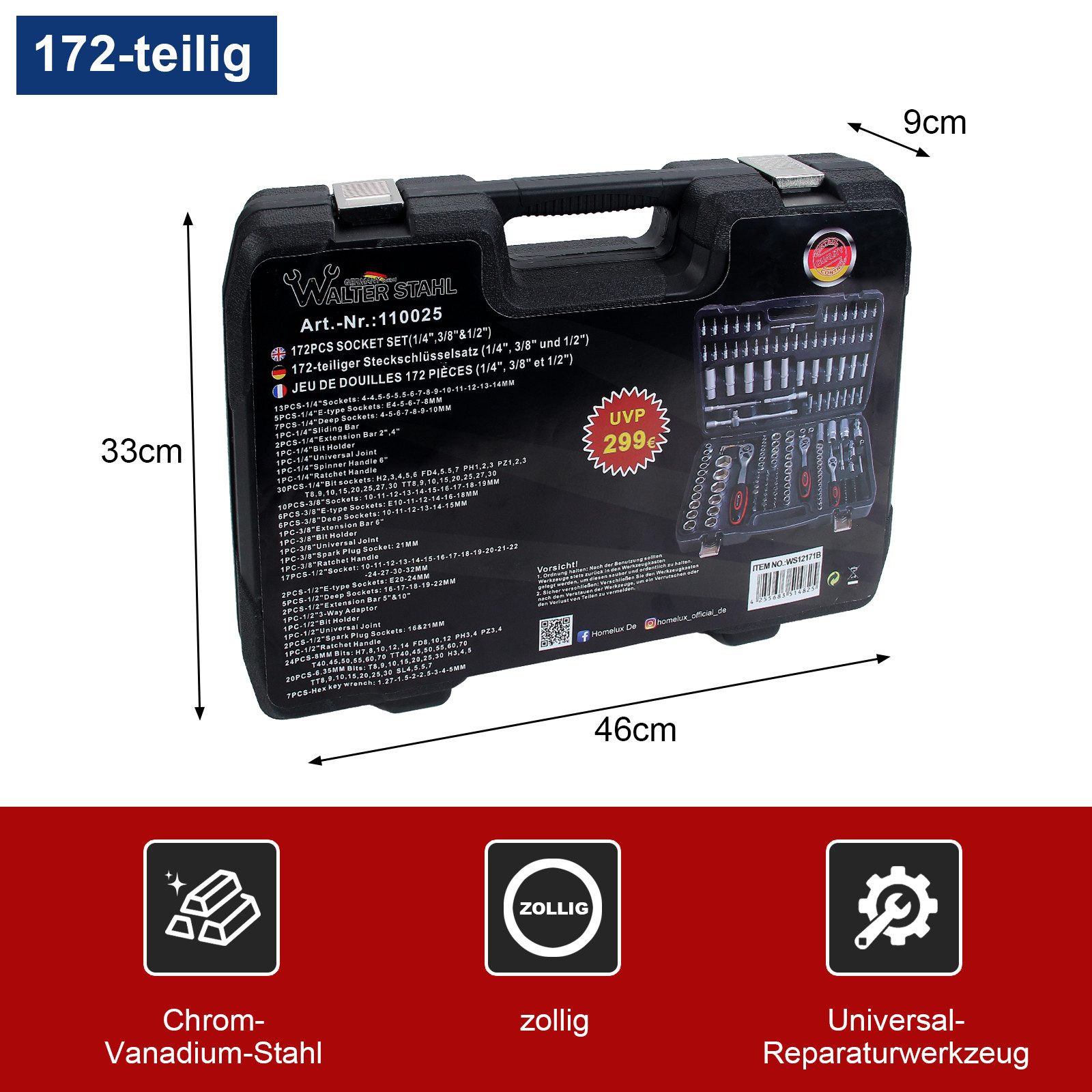 Walter Stahl Germany control Steckschlüssel 108/172/215-tlg Ratschenkasten, 1/4″+3/8″+1/2″ Steckschlüssel-Satz (Packung, 172 St., 108/172/215-tlg), Cr-V Ratschenschlüssel Set