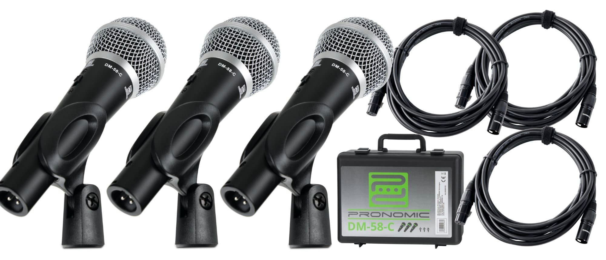 Pronomic Mikrofon DM-58-C Vocal dynamische Мікрофони mit Nieren-Charakteristik (3er Set im Koffer, 13-tlg), Ein-/Aus-Schalter - inkl. Mikrofonklemmen und XLR-Kabel 5 m