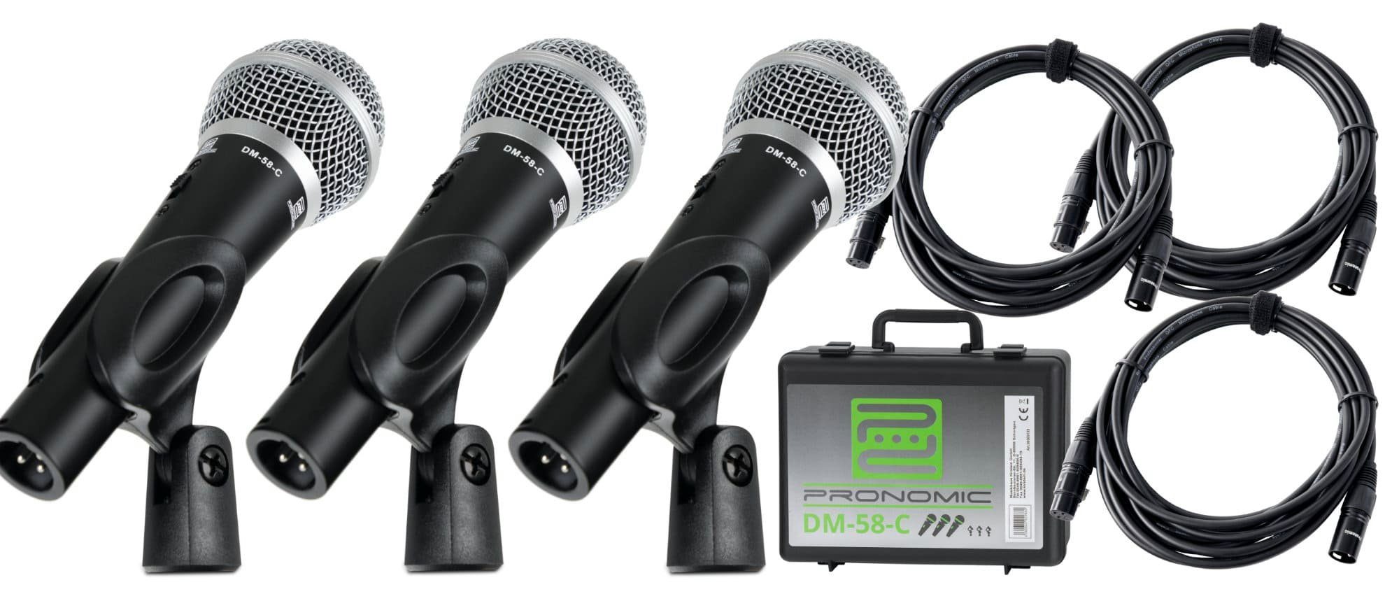 Pronomic Mikrofon DM-58-C Vocal dynamische Mikrofone mit Nieren-Charakteristik (3er Set im Koffer, 13-tlg), Ein-/Aus-Schalter - inkl. Mikrofonklemmen und XLR-Kabel 5 m