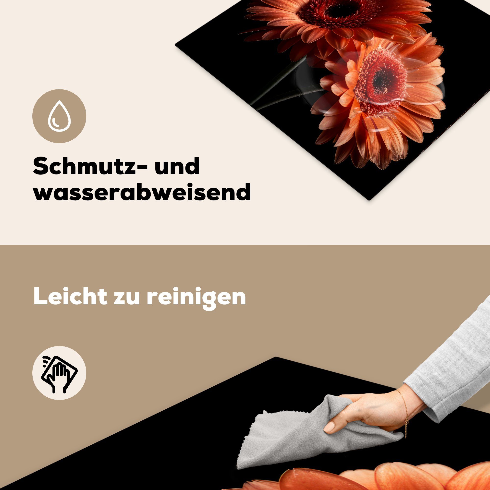 Blumen Vinyl, tlg), Arbeitsfläche - 60x52 - - Herdblende-/Abdeckplatte MuchoWow - Botanisch (1 Mobile Orange Schwarz, cm, Ceranfeldabdeckung Gerbera nutzbar,