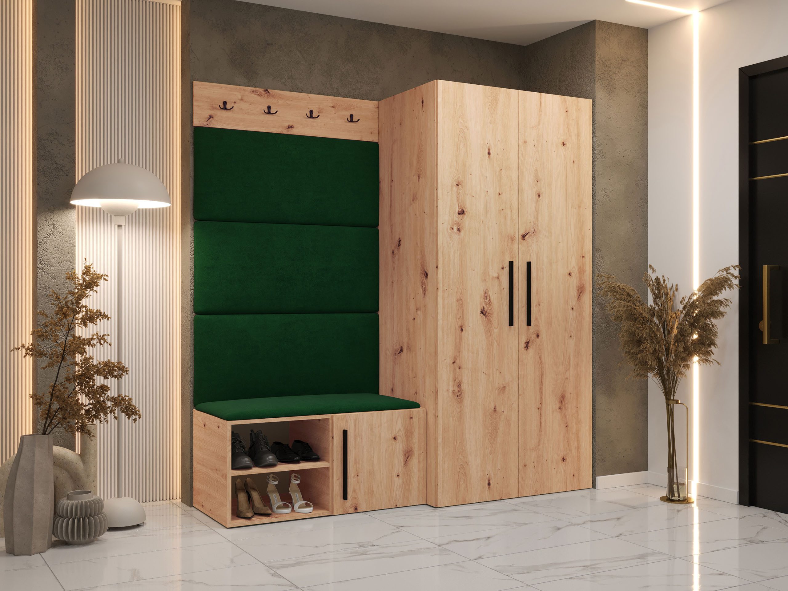 MIRJAN24 Garderoben-Set Medi I, (Drehtürenschrank, Schuhschrank, 4x Paneel 84x42), Kleiderstange, 4 Kleiderhaken für Kleidung