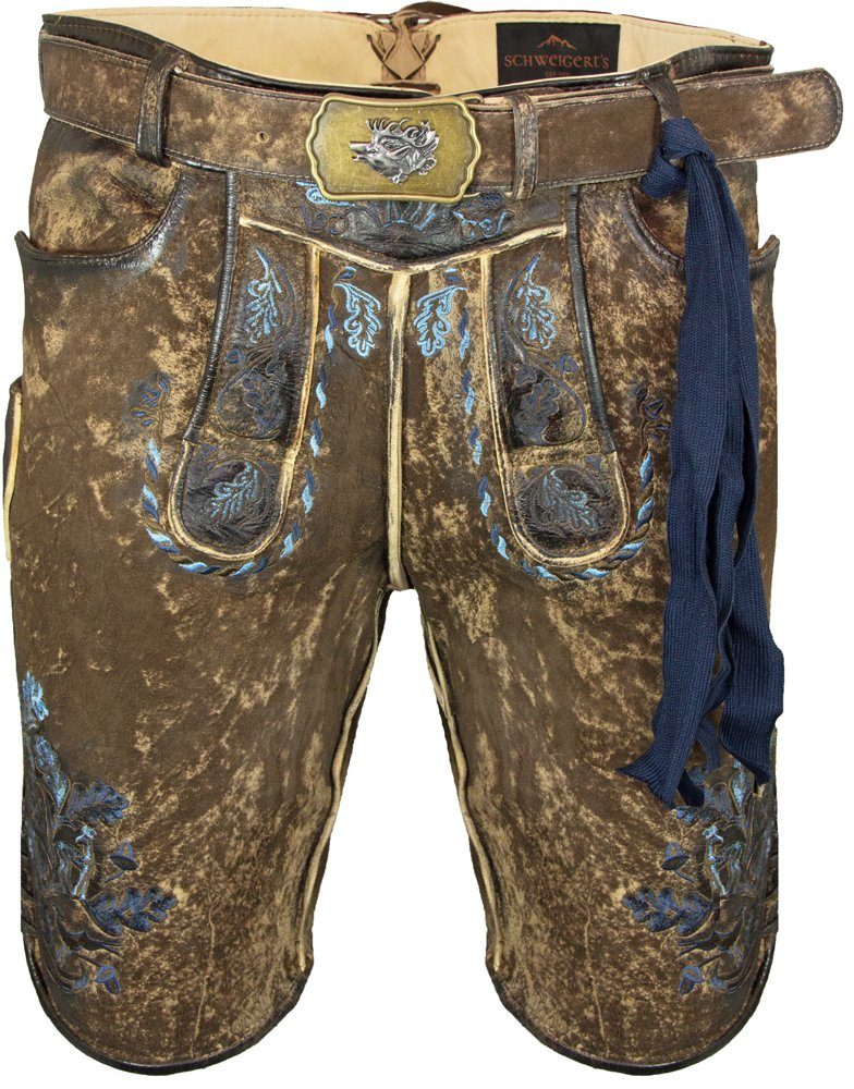 Maddox Trachtenlederhose "Hartsee" mit Gürtel - Tabak Blau, Kurze Herren  Lederhose mit Stickereien