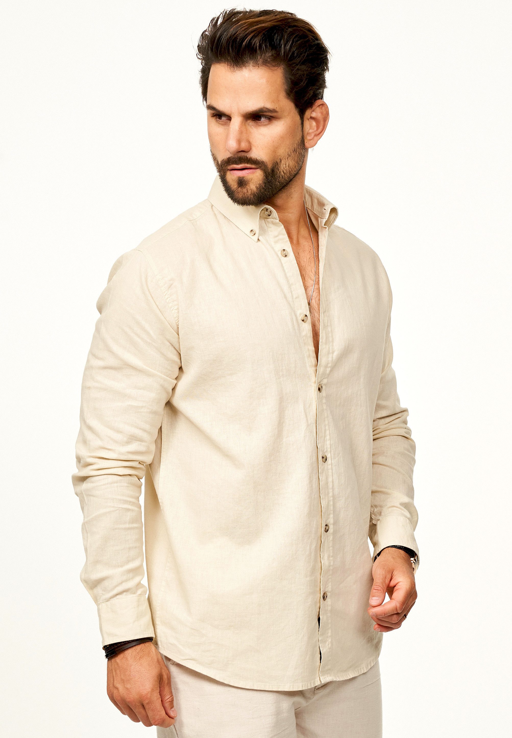behype Langarmhemd aus Leinen im Regular-Fit Sommerhemd Herren Leinenhemd Freizeithemd mit Button-Down-Kragen