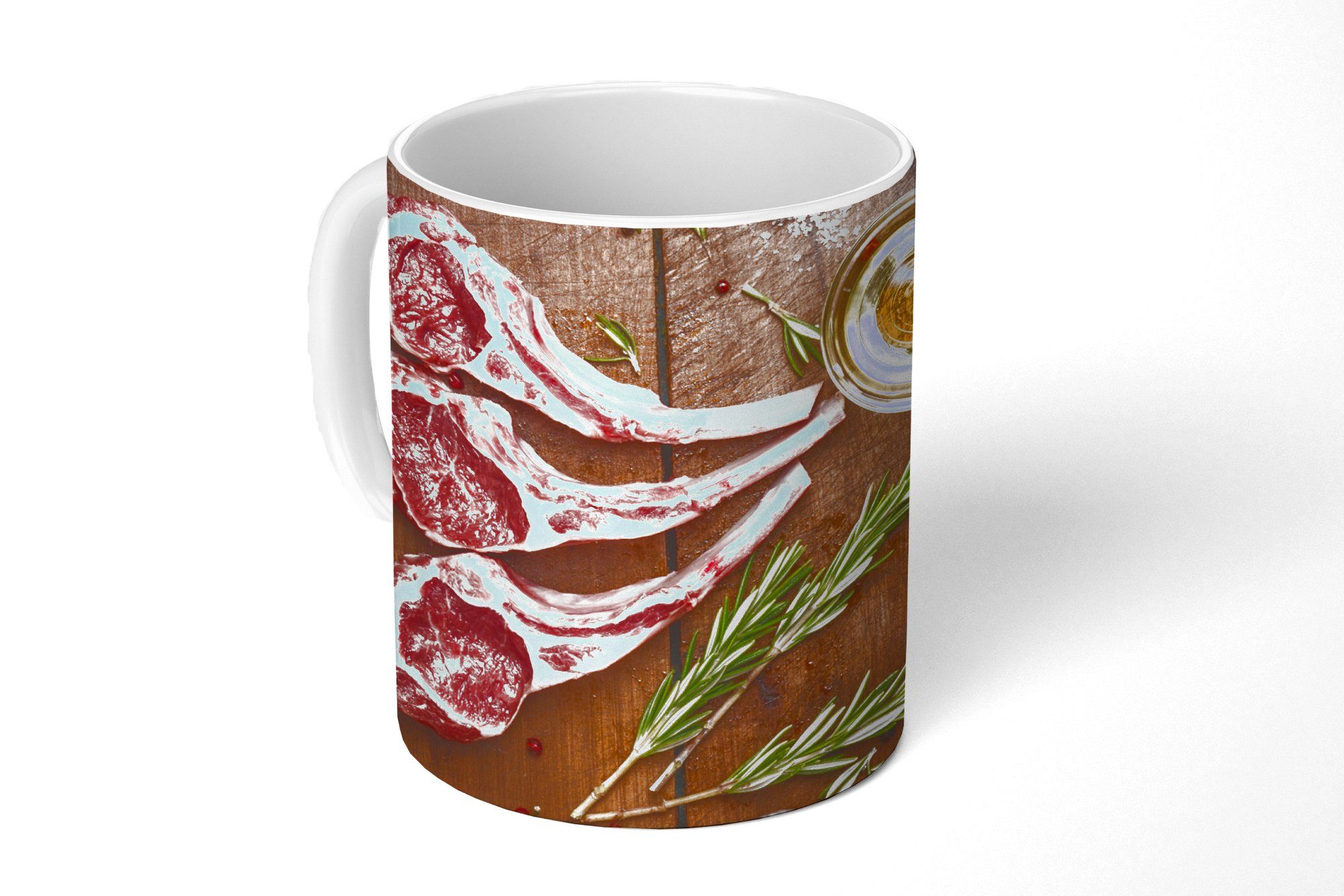 MuchoWow Tasse Lammfleisch auf einem dunklen Holzschneidebrett, Keramik, Kaffeetassen, Teetasse, Becher, Teetasse, Geschenk