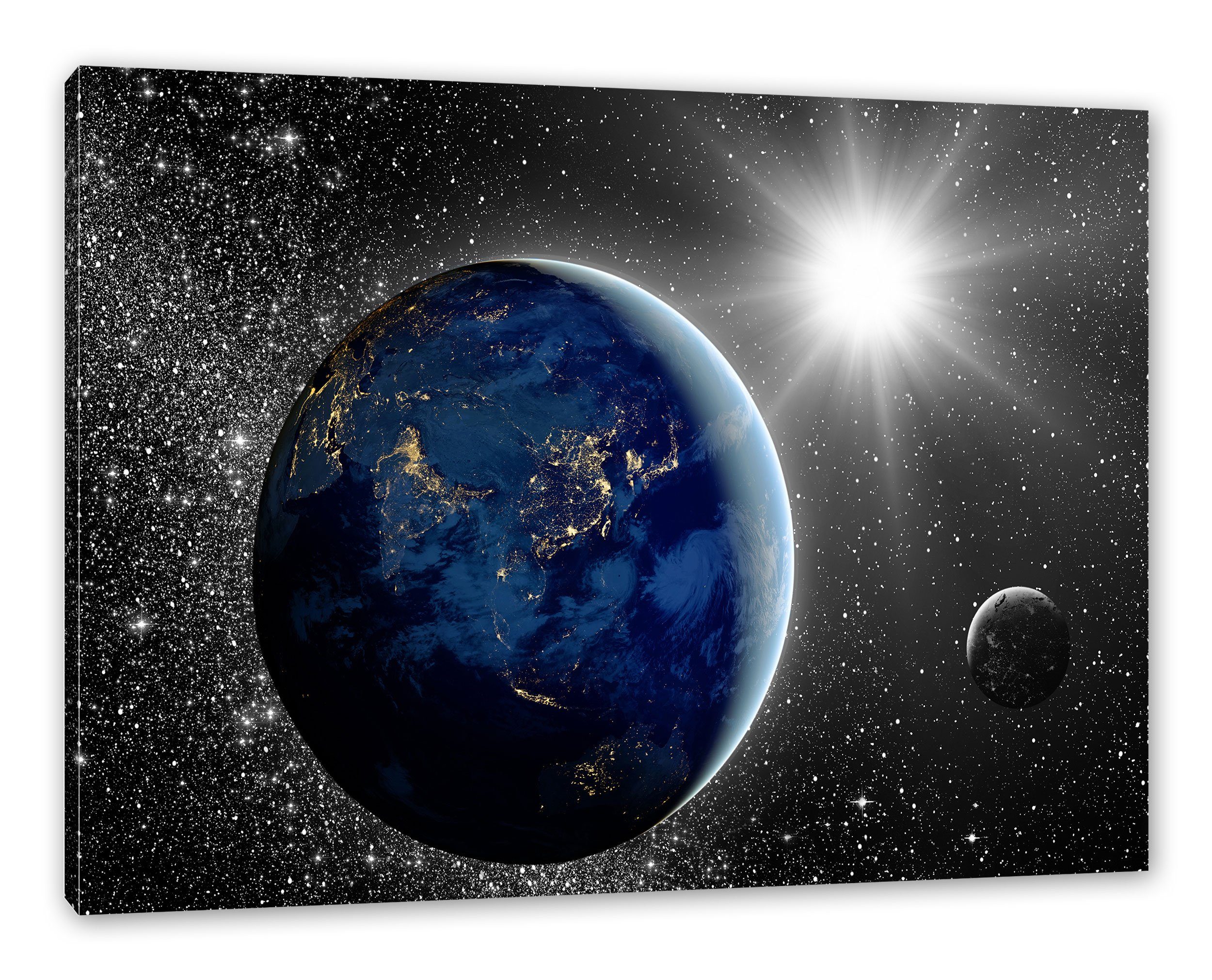 Leinwandbild Erde mit Sonne im Weltall