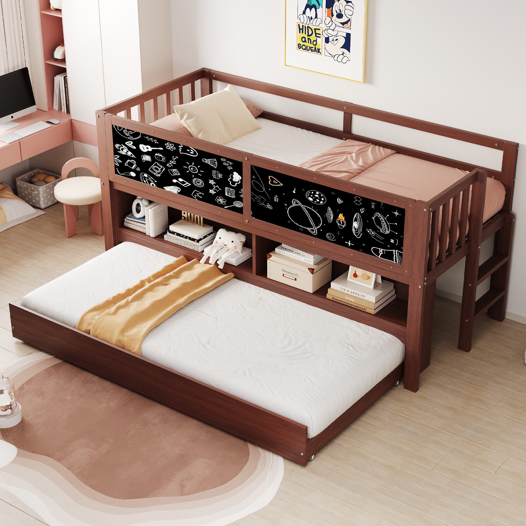 Flieks Kinderbett, Hochbett 90x200cm mit Tafel, Ausziehbett 90x190cm, offenen Staufächern