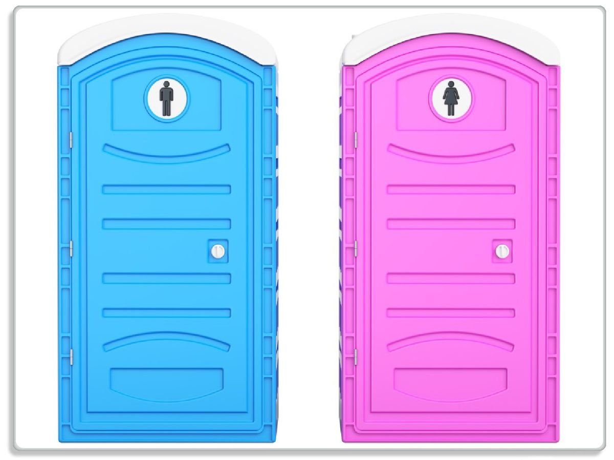 Wallario Schneidebrett Klo-Häuschen blau und pink Herren und Damen nebeneinander, ESG-Sicherheitsglas, (inkl. rutschfester Gummifüße 4mm, 1-St), 30x40cm
