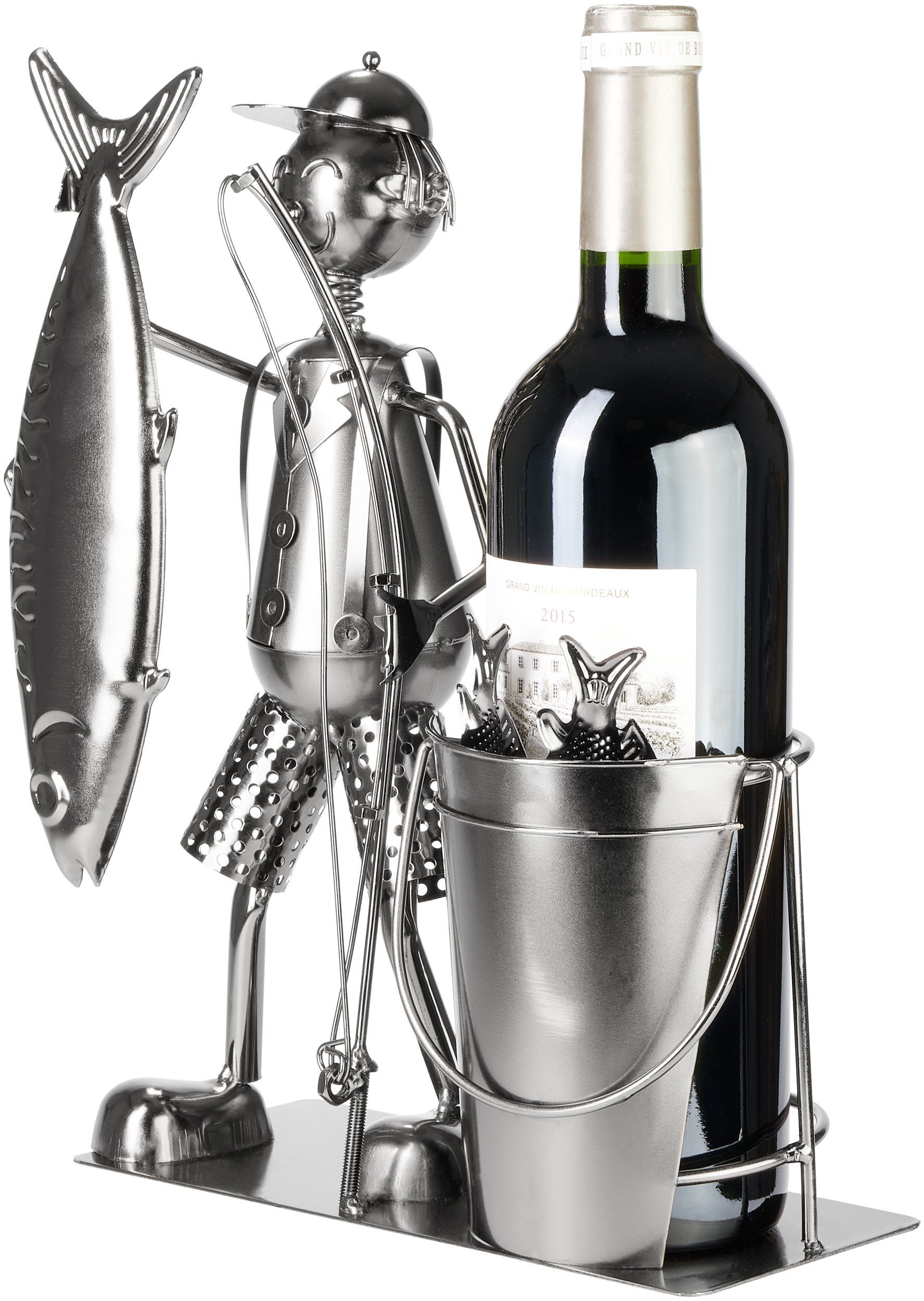BRUBAKER Weinflaschenhalter Großer Fang - Angler mit Fisch, Angel und Eimer, (Flaschenständer Dekoration mit Grußkarte, 1-St., Metall Flaschenhalter Angeln), 30 cm Wein Geschenk Angelsport