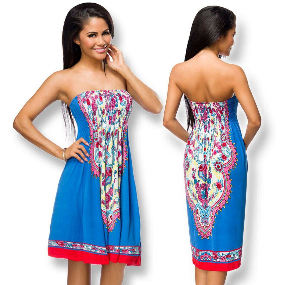 Bandeau-Kleid Minikleid Sommerkleid Strandkleid Strandkleid blau/gemustert Bandeaukleid