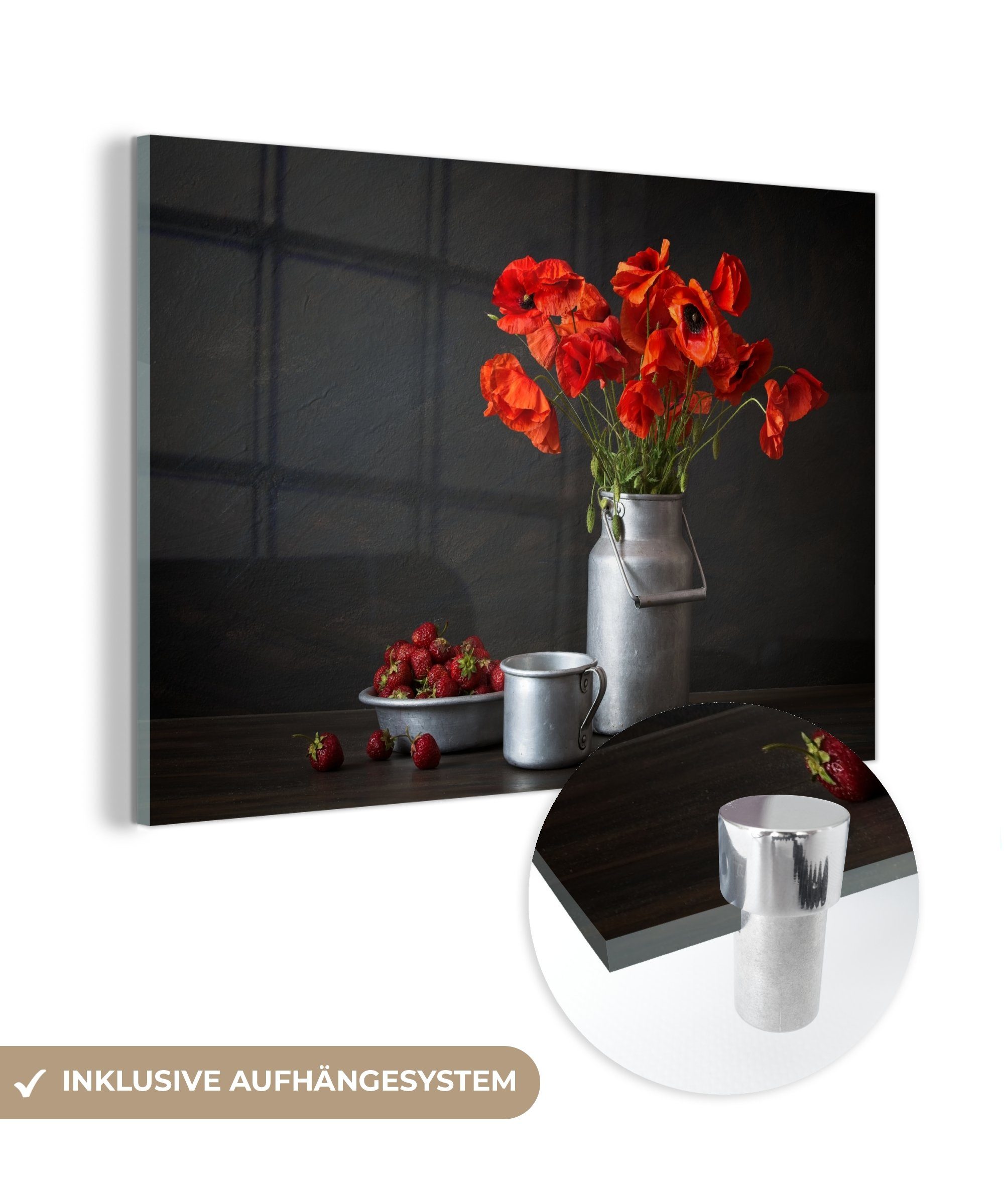 MuchoWow Acrylglasbild Stilleben - Mohnblumen - Milchkännchen, (1 St), Glasbilder - Bilder auf Glas Wandbild - Foto auf Glas - Wanddekoration