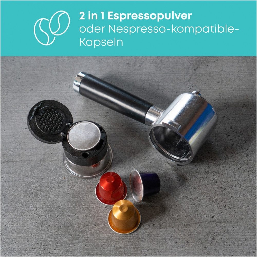 ProfiCook Siebträgermaschine 501265, 2in1 Espresso mit Kaffeepulver oder Kapseln