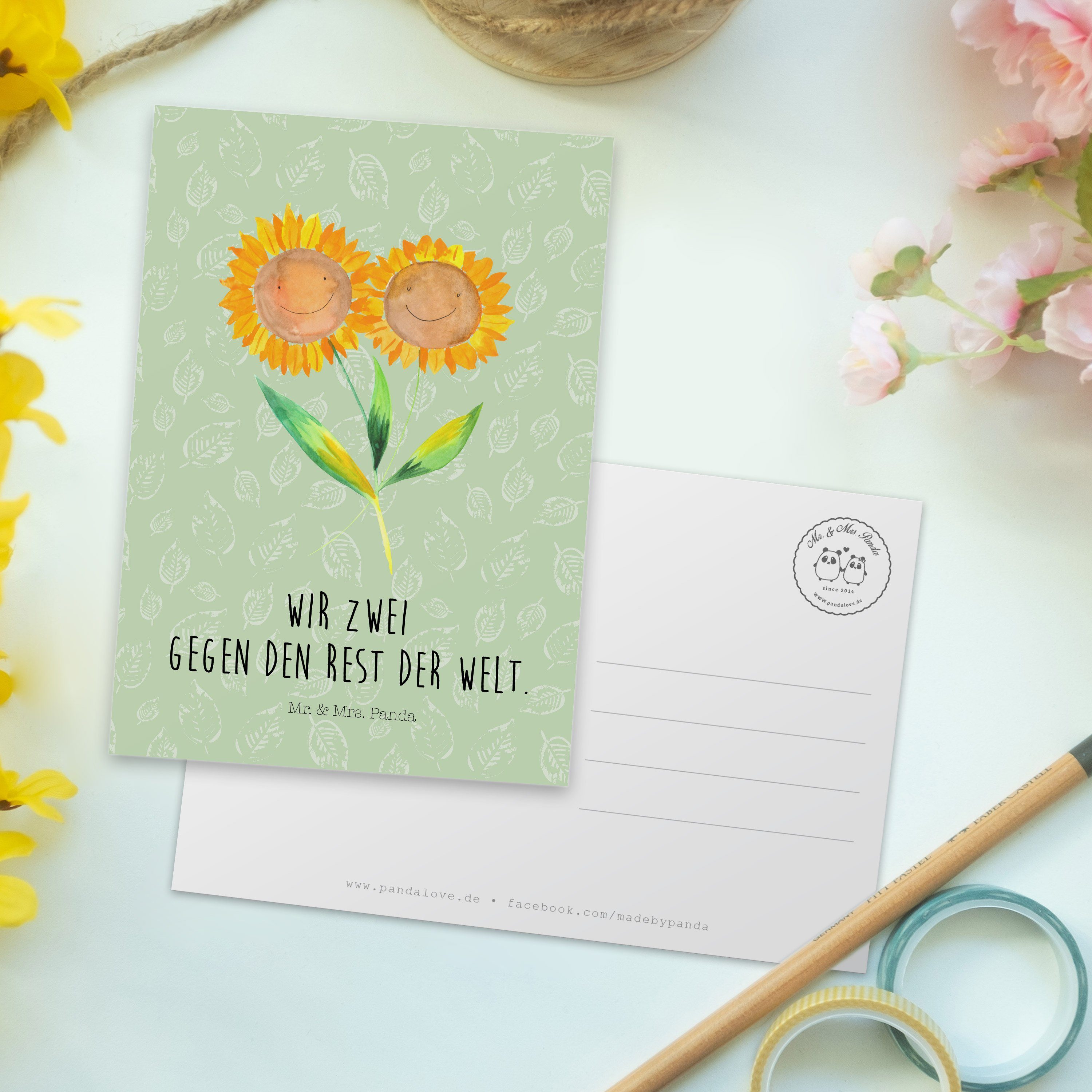 - Geschenk, Panda Dankeskarte, - Postkarte Pflanzen, Mr. Mrs. Ge Blumen, & Blattgrün Sonnenblume