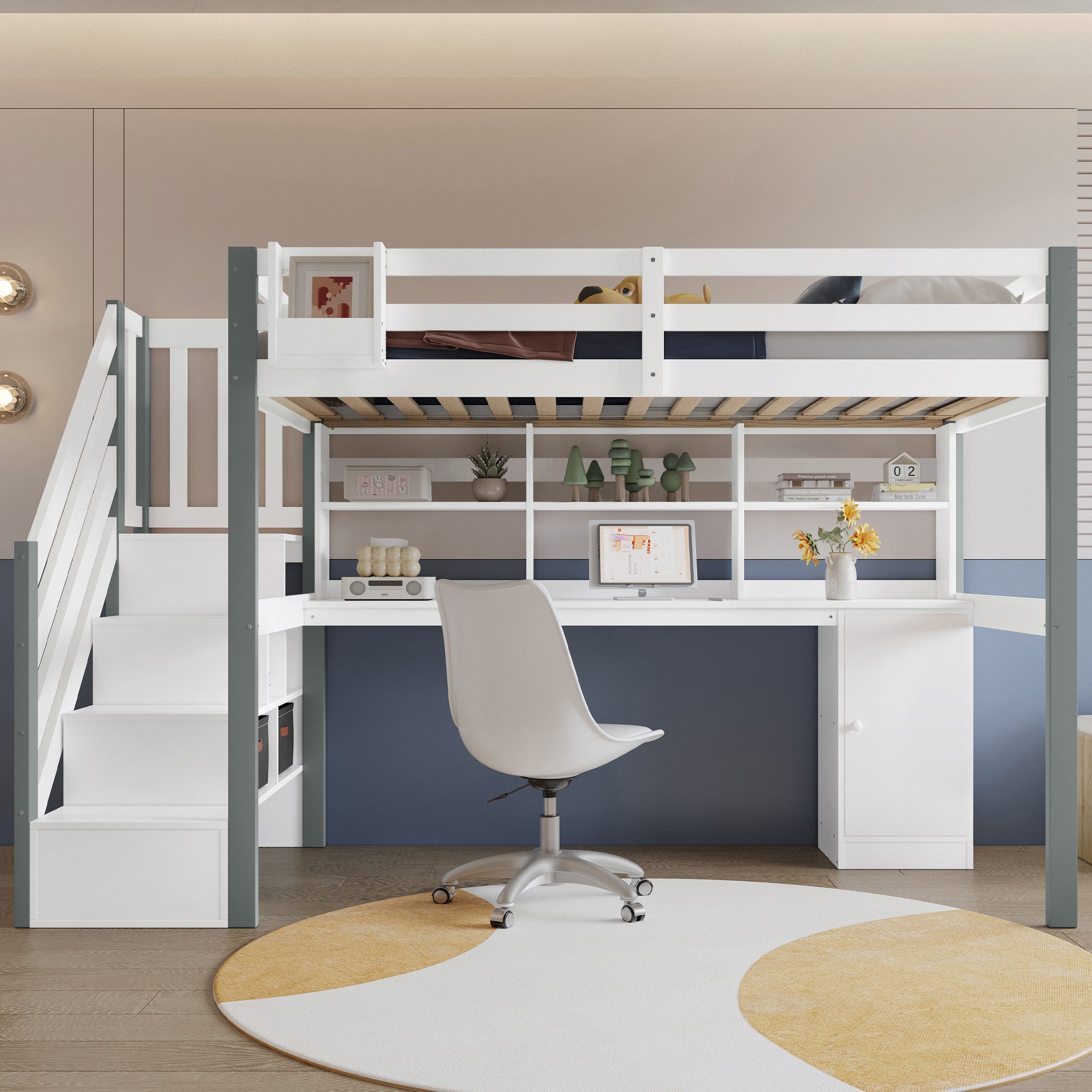 Flieks Hochbett Kinderbett 90x200cm mit Schreibtisch, Regal und Stauraumtreppe