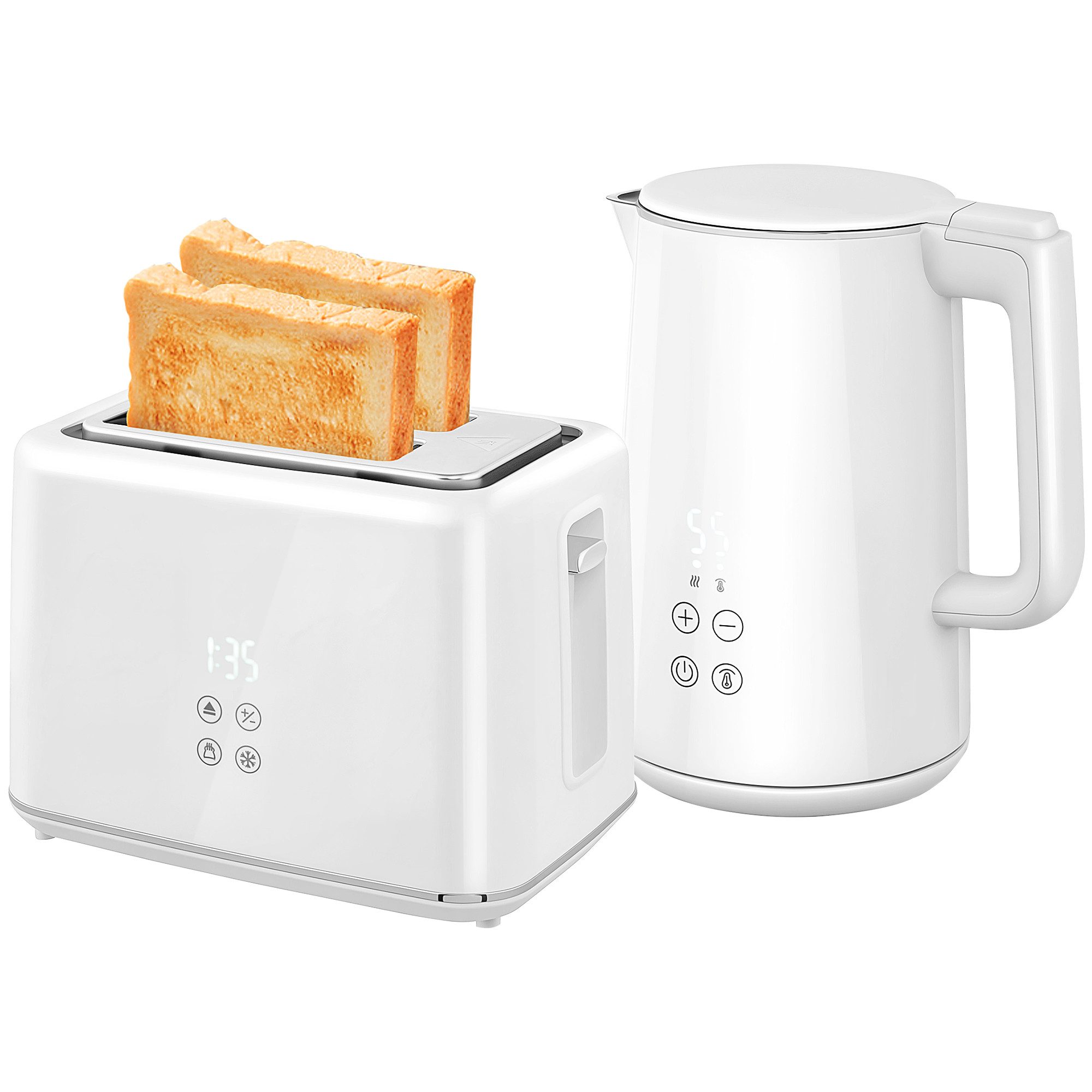 HOMCOM Toaster Wasserkocher Set 1,5L Wasserkocher, 2 Schlitze, für 2 Scheiben, 2200 W, 7 Bräunungsstufen, schnelles Kochen, Weiß
