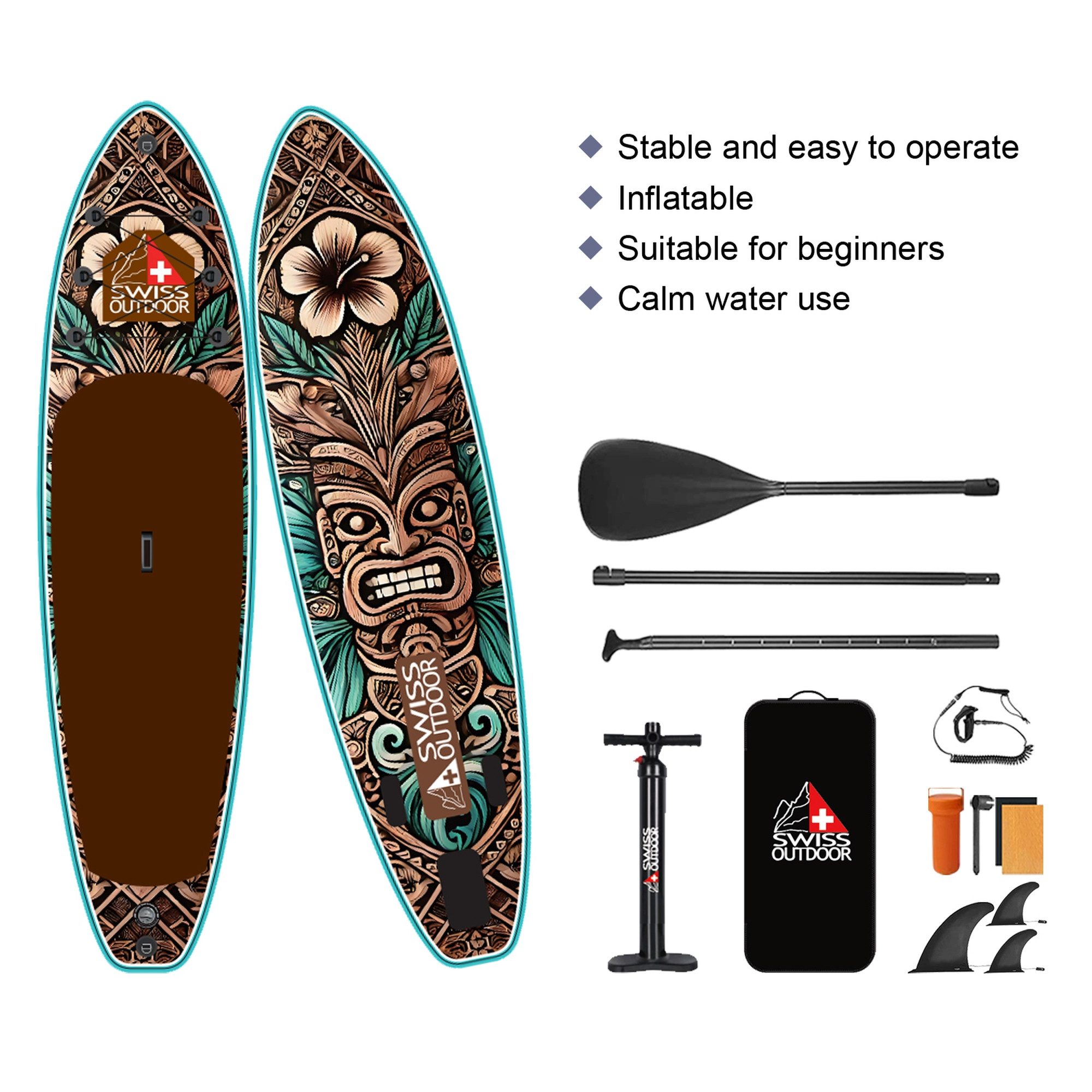 Swiss Outdoor SUP-Board Stand Up Paddle SUP TIKI, (Set, mit Paddel, Tragetasche, Pumpe), mit Paddel