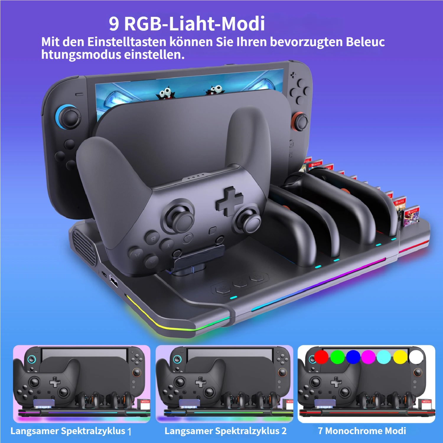 KINSI Switch 2 Ladedock mit Kühlventilator & RGB Beleuchtung Controller-Ladestation (Für Switch 2, für 4 Joy-Cons + Pro Controller + Spielekartenhalter) – Bild 5 von 5