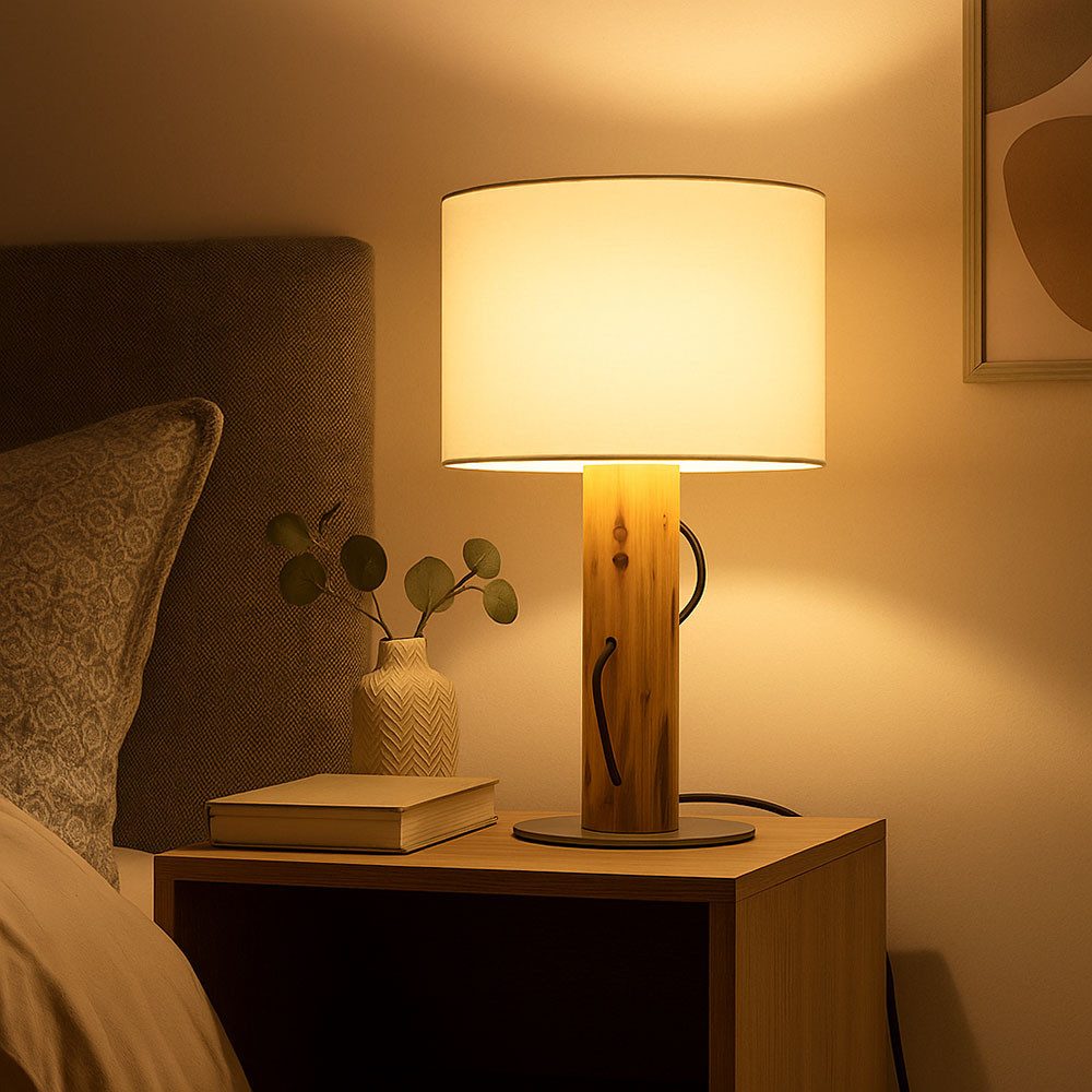 NOWA Tischleuchte, Leuchtmittel nicht inklusive, Tischlampe Tischleuchte Nachttischleuchte Holz braun Stoff weiß E14 H