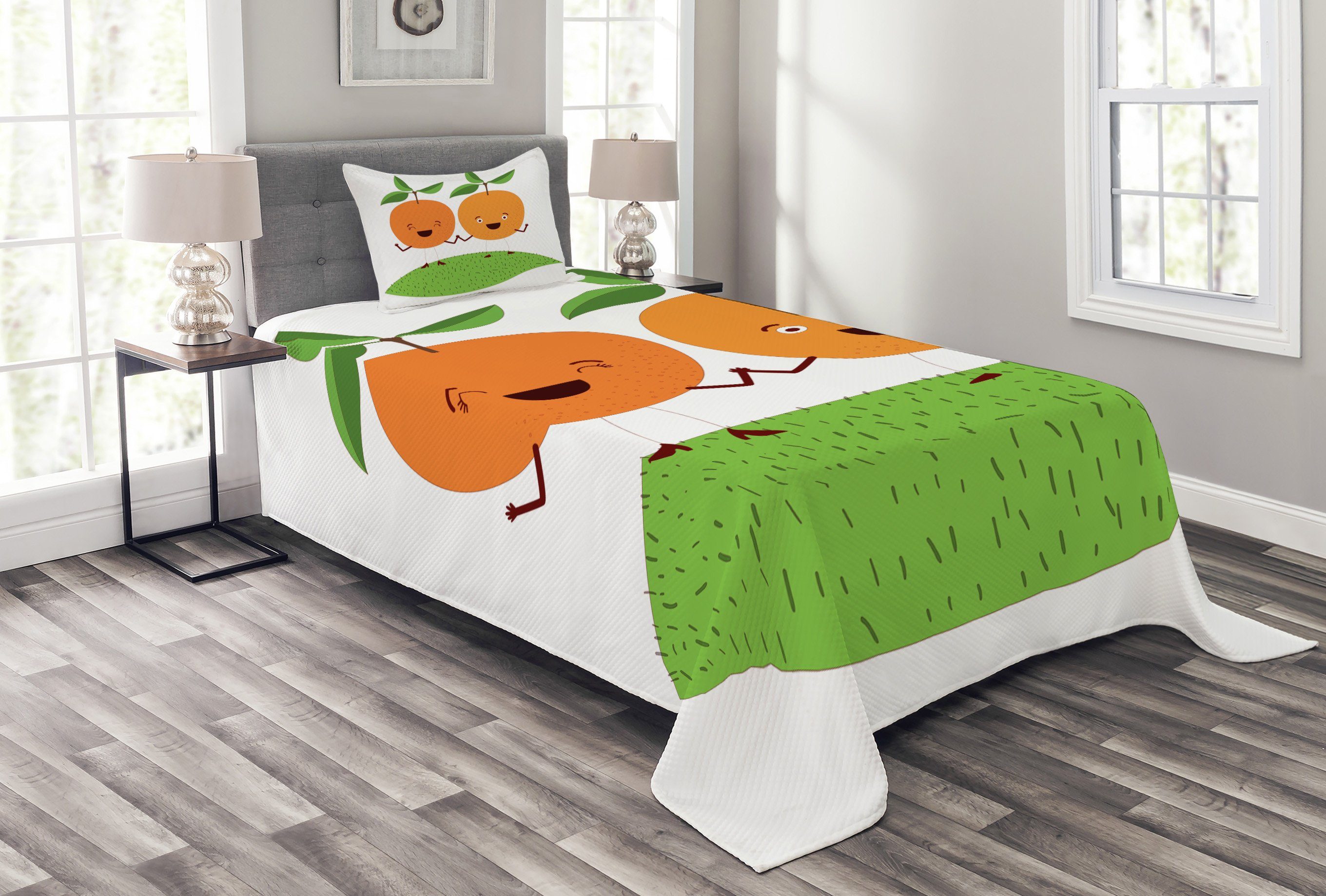 Tagesdecke Set mit Kissenbezügen Waschbar, Abakuhaus, grün orange Karikatur-Frucht