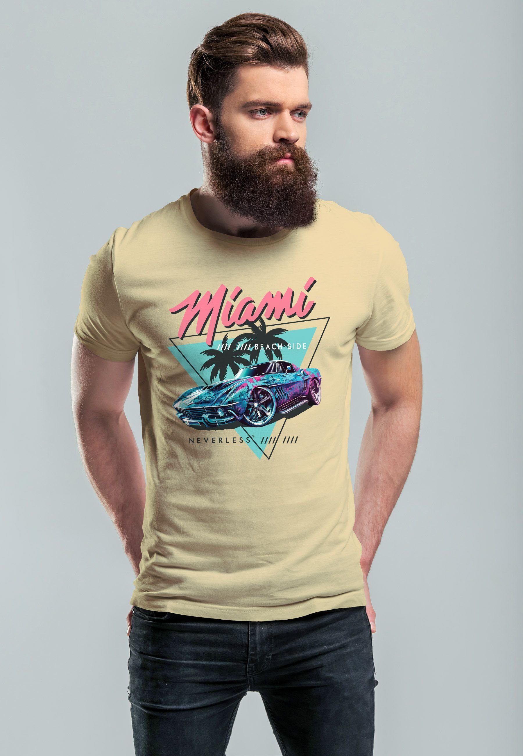 Neverless Print-Shirt Herren Retro T-Shirt Bedruckt Automobil Print USA mit Surfing Beach Motiv Miami natur