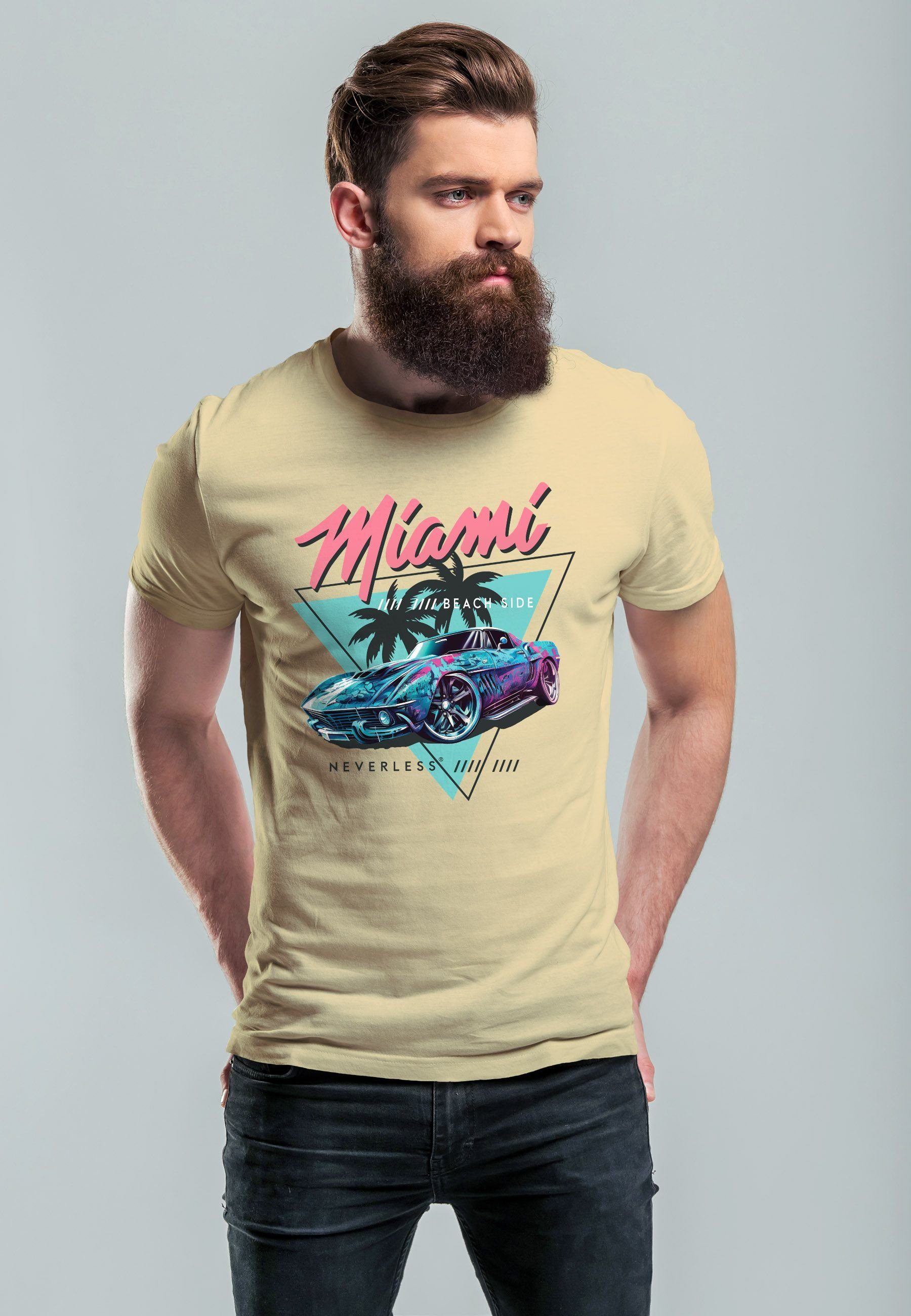 Neverless Print-Shirt Herren T-Shirt Surfing USA Beach Bedruckt natur Print Miami Automobil mit Retro Motiv