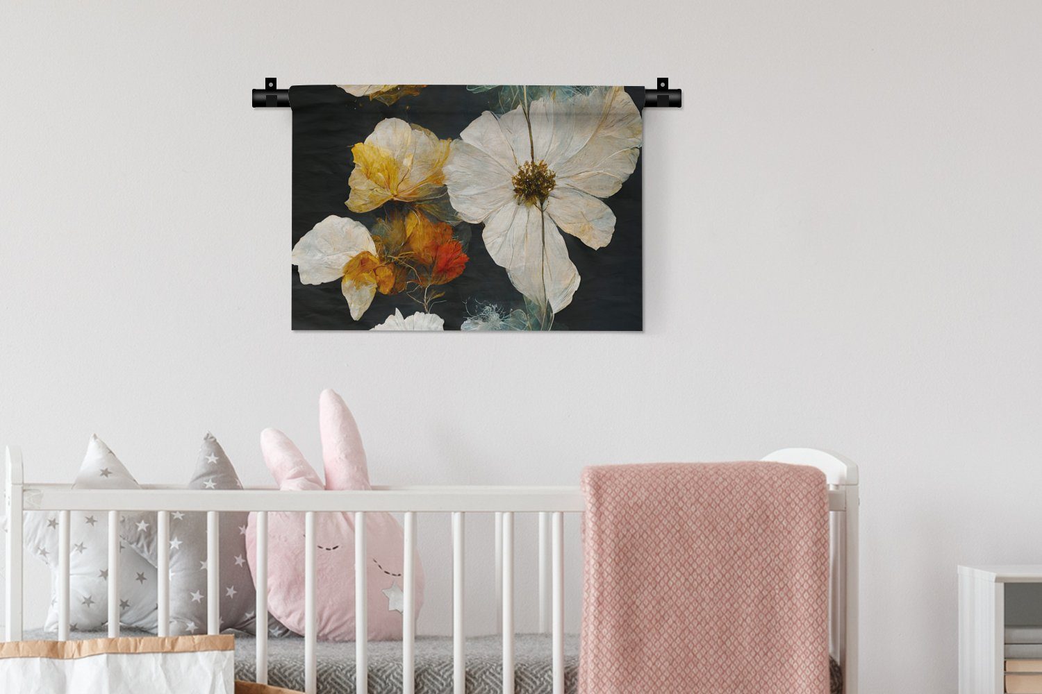 - MuchoWow für Weiß, Kinderzimmer Wohnzimmer, Schlafzimmer, Wanddeko - Blumen Kleid, Pflanzen Schwarz - Wanddekoobjekt Wandbehang,